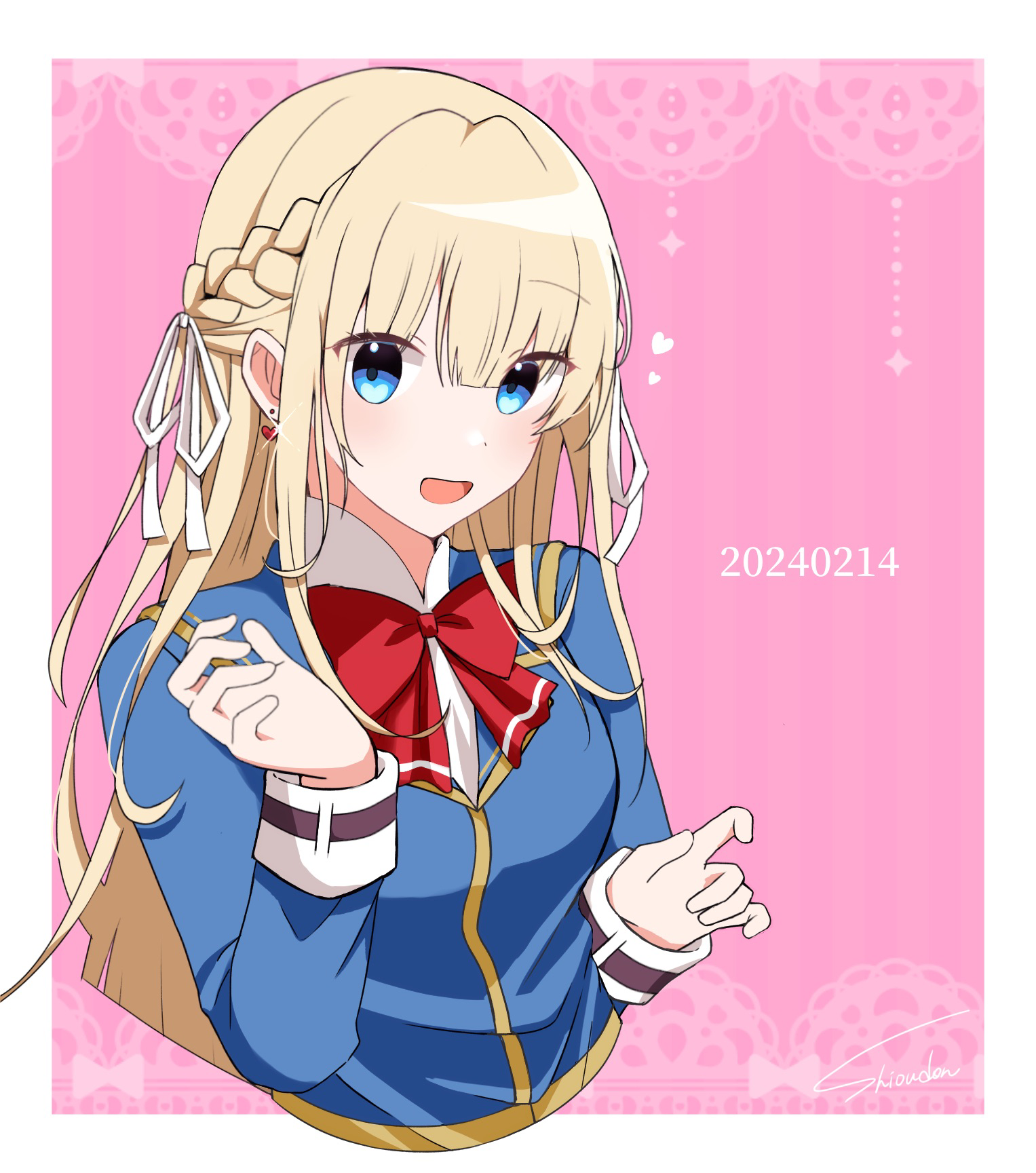 xdjf63qbpt0iqmj, toujou tsukasa, heaven burns red, commentary request, highres, 1girl, :d, blonde hair, blue jacket, blunt bangs, blush, border, bow, bowtie, braid, collared shirt, cropped torso, dated, earrings, eyes visible through hair, glint, hair between eyes, hair over shoulder, hair ribbon, half up braid, hands up, happy, heart, heart earrings, jacket, jewelry, long hair, long sleeves, looking at viewer, open mouth, outside border, pink background, red bow, red bowtie, ribbon, shirt, sidelocks, simple background, smile, solo, upper body, very long hair, white border, white ribbon, white shirt