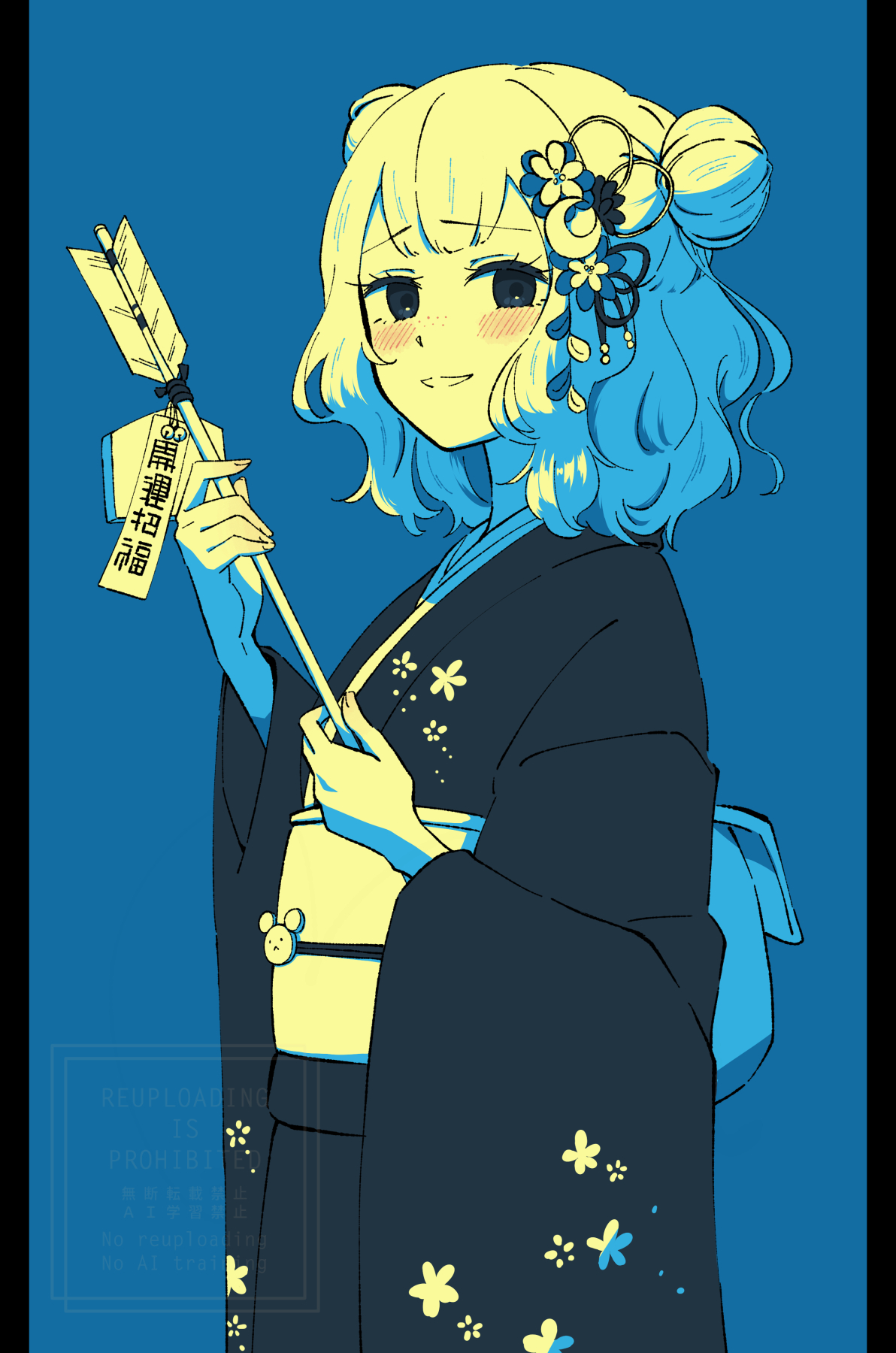 mia960, famiresu wo kyouju seyo, commentary request, highres, 1girl, arrow (projectile), blue background, blue theme, chenes (famiresu wo kyouju seyo), double bun, ema, floral print, floral print kimono, flower, from side, hair bun, hair flower, hair ornament, hamaya, holding, holding arrow, japanese clothes, kimono, limited palette, looking at viewer, medium hair, new year, obi, ofuda, print kimono, sash, smile, solo