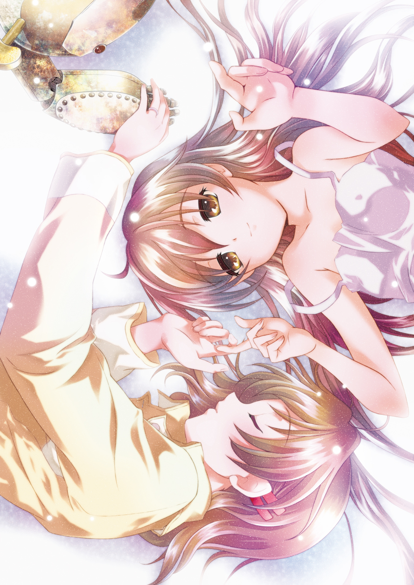 izumi (sachikara), furukawa nagisa, garbage doll, girl from the illusionary world, clannad, bad id, bad pixiv id, highres, 00s, 2girls, brown eyes, brown hair, covered erect nipples, dress, flat chest, long hair, lying, multiple girls, on back, on side, pajamas, robot, rotational symmetry, short hair, sleeping, smile, strap slip, sundress