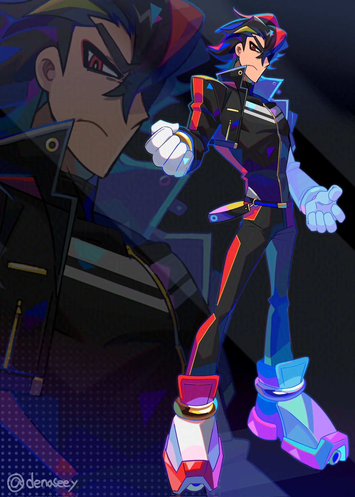 denaseey, shadow the hedgehog, sonic (series), commentary, english commentary, highres, 1boy, airshoes, black hair, black jacket, black pants, blonde streaks, clenched hand, cropped jacket, frown, full body, gloves, hair slicked back, hand up, humanization, jacket, long sleeves, looking at viewer, male focus, multicolored hair, multicolored jacket, multicolored pants, multicolored shoes, pants, popped collar, red eyes, red hair, red pants, red shoes, shoes, shoulder pads, signature, solo, standing, streaked hair, striped clothes, striped jacket, white gloves, white shoes, zoom layer