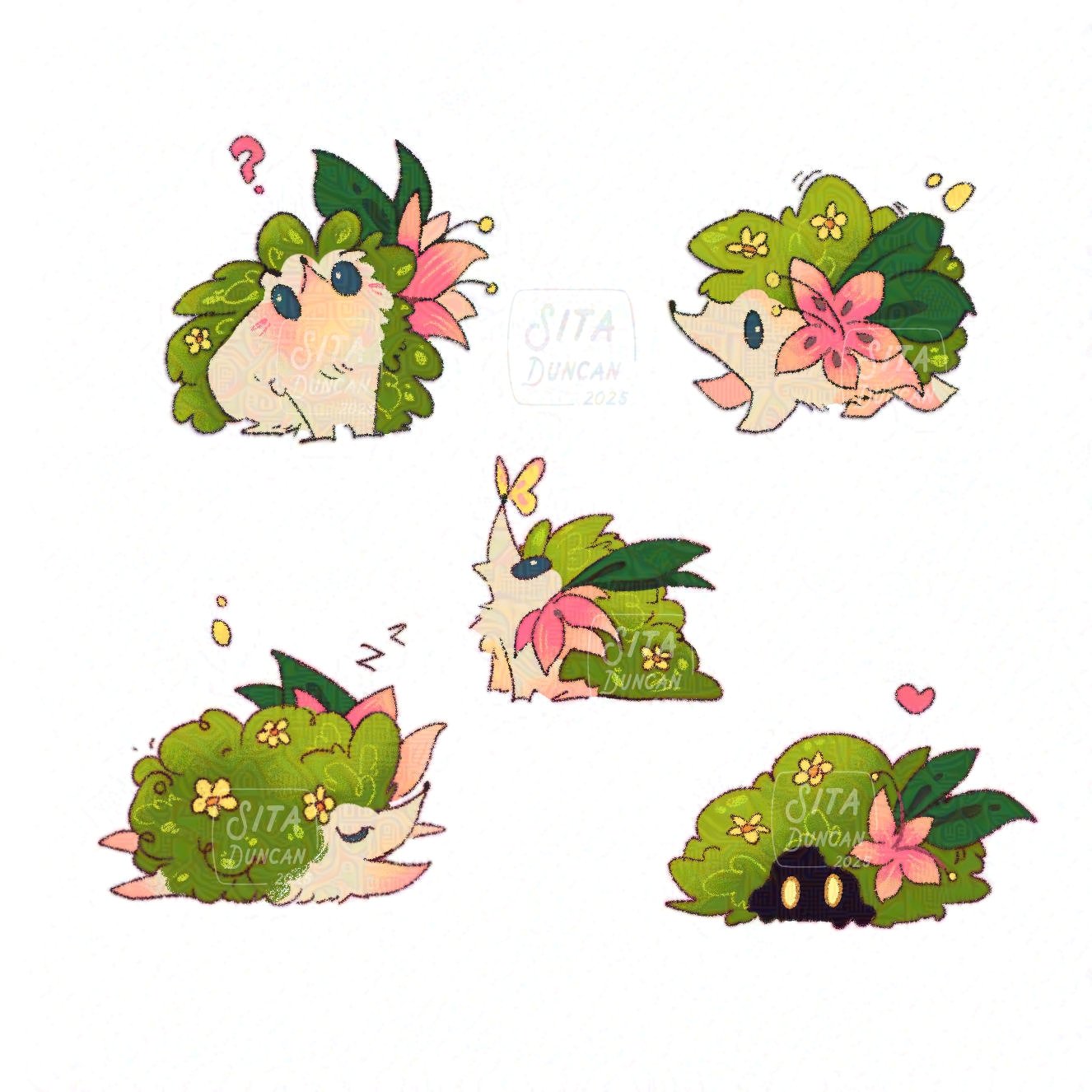 sitaart, shaymin, shaymin (land), nintendo, pokemon, commentary, english commentary, highres, ?, bug, butterfly, closed eyes, flower, gen 4 pokemon, heart, insect, leaf, legendary pokemon, lying, multiple views, mythical pokemon, no humans, on stomach, pink flower, pokemon (creature), simple background, sleeping, squeans, u u, watermark, white background, yellow butterfly, zzz