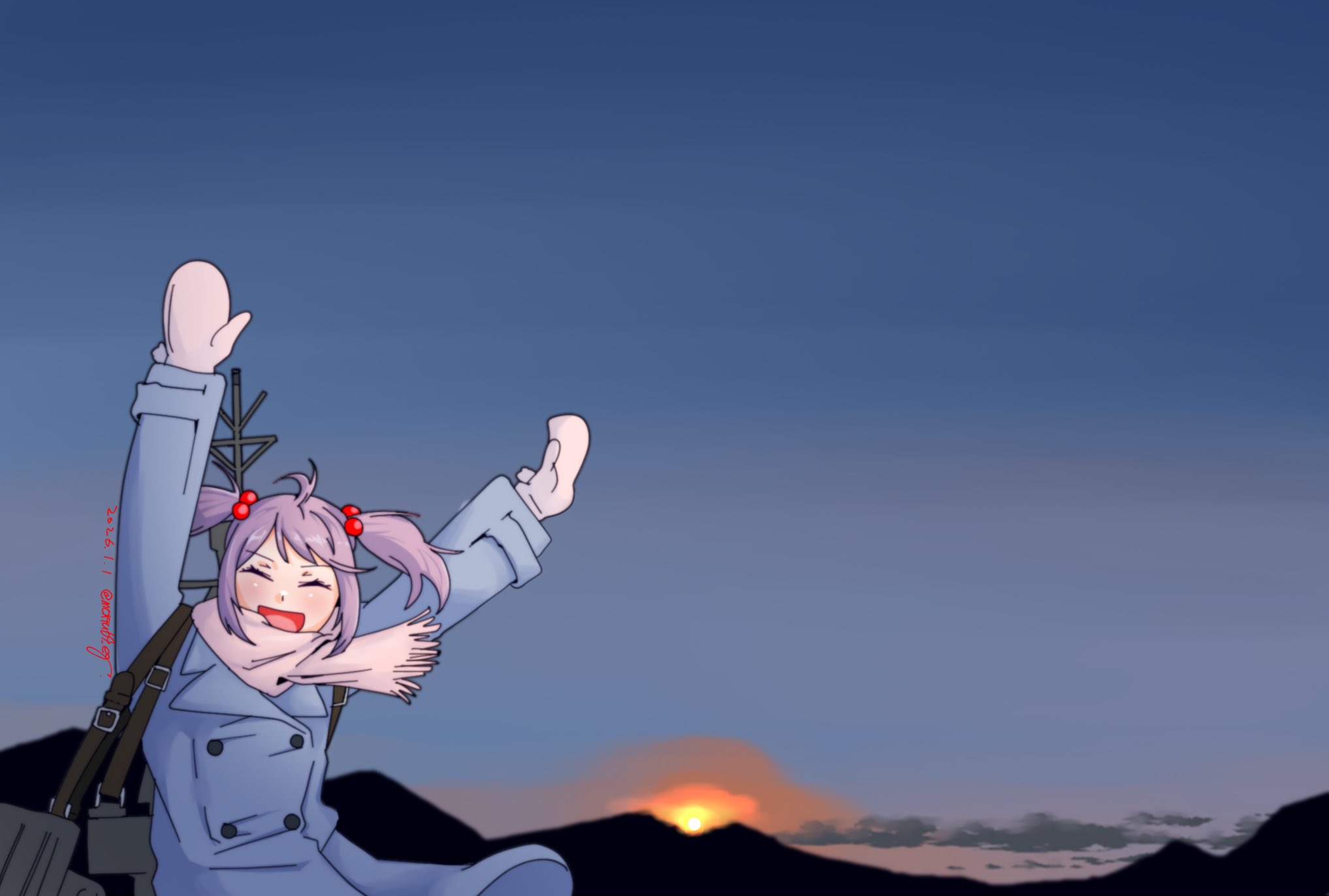 moxtu69 eg, sazanami (kancolle), kantai collection, commentary request, highres, 1girl, ahoge, blue coat, blue sky, cloud, coat, dawn, gradient sky, hair bobbles, hair ornament, machinery, mittens, purple hair, scarf, sky, smile, solo, sunrise, twintails, white mittens, white scarf, winter clothes