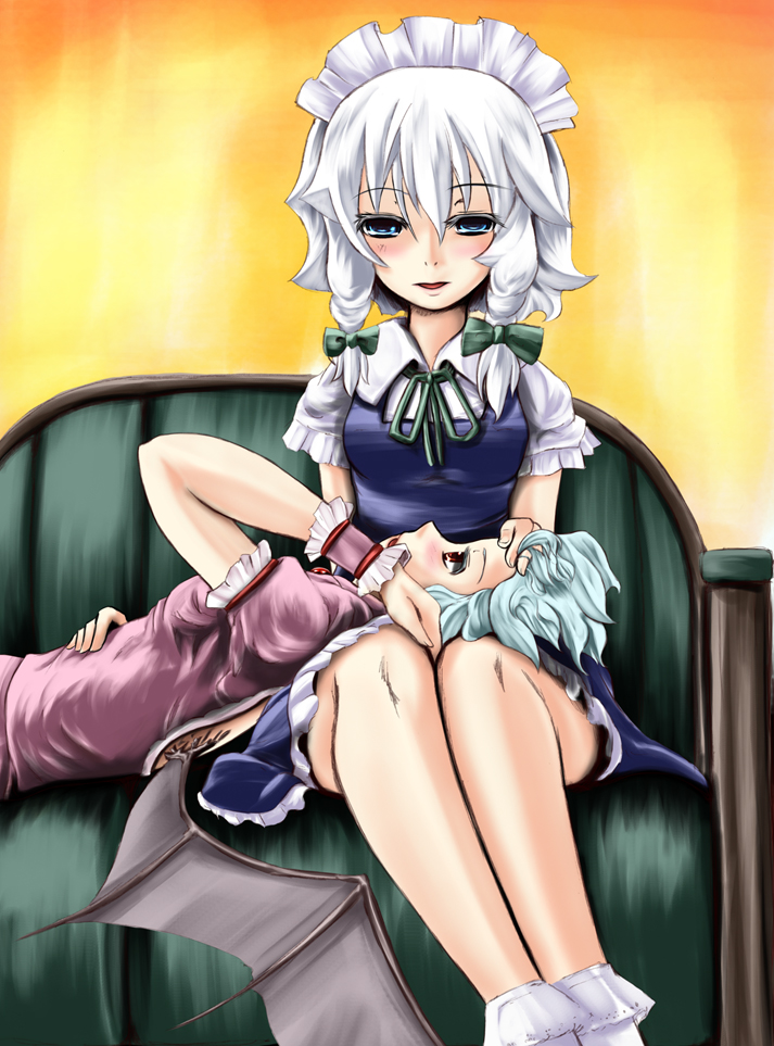 r0g0b0, izayoi sakuya, remilia scarlet, touhou, silver hair, bad id, bad pixiv id, 2girls, bat wings, blue eyes, blue hair, braid, female focus, hairband, hat, maid, multiple girls, red eyes, short hair, twin braids, wings