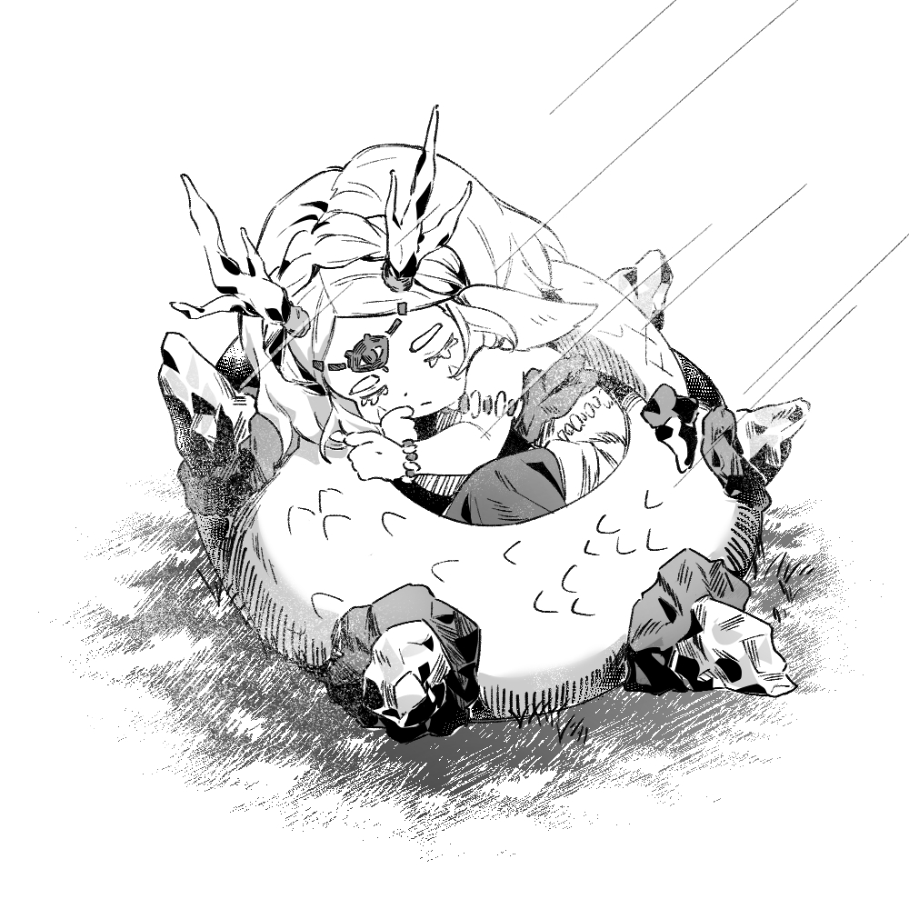 hanyaka, light dragon (zelda), princess zelda, nintendo, the legend of zelda, the legend of zelda: tears of the kingdom, commentary request, spoilers, 1girl, chibi, chibi only, dragon girl, dragon horns, dragon tail, greyscale, horns, monochrome, rain, short hair, sleeping, solo, tail