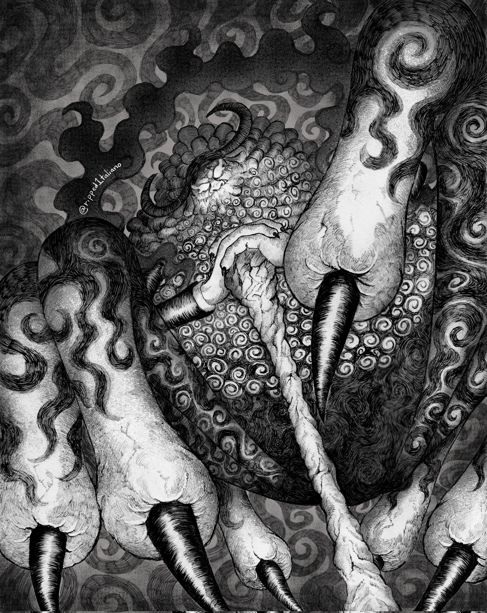 ripped1taliano, jaygarcia saturn, one piece, commentary, english commentary, highres, 1boy, arthropod boy, arthropod limbs, beard, black hat, black suit, claws, curled horns, empty eyes, facial hair, formal clothes, hagoromo, hat, holding, holding staff, horns, long beard, looking at viewer, male focus, menacing, monochrome, mustache, shawl, spider boy, staff, suit, thick beard, twitter username, ushi-oni (youkai), very long beard