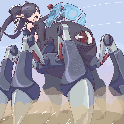 furi, backbeako (torotei), backbeard, gegege no kitarou, kodansha, lowres, black hair, hair ribbon, long hair, mecha, oekaki, pointy ears, ribbon, robot, thighhighs