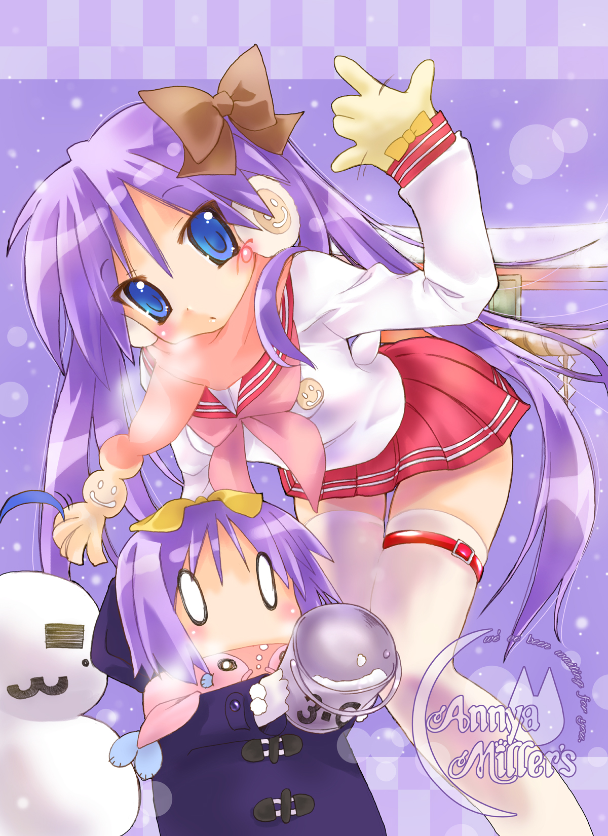 nyanmilla, hiiragi kagami, hiiragi tsukasa, lucky star, highres, 00s, blue eyes, bucket, chibi, gloves, long hair, purple hair, scarf, school uniform, serafuku, siblings, sisters, snow, snowman, thighhighs, twins, twintails