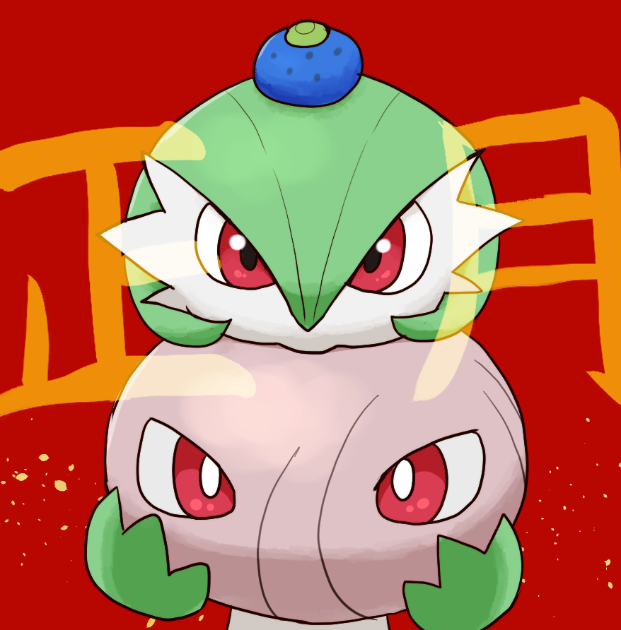 enohito, cascoon, gardevoir, nintendo, pokemon, translation request, 1girl, berry (pokemon), bright pupils, colored skin, female focus, food, food on head, fruit, gen 3 pokemon, green skin, japanese text, kagami mochi, looking at viewer, multicolored skin, object on head, oran berry, pokemon (creature), puffy cheeks, red background, red eyes, simple background, straight-on, two-tone skin, white pupils, white skin