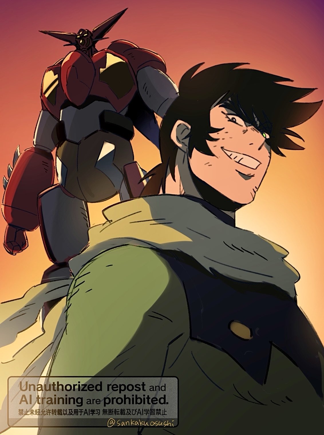 qing (sankakuosushi), nagare ryoma, getter robo, new getter robo, commentary request, highres, 1boy, arm blade, armor, black hair, blue bodysuit, bodysuit, getter 1 (new getter robo), glowing, glowing eye, green eyes, green scarf, grin, heterochromia, looking at viewer, male focus, mecha, mecha focus, mecha pilot suit, multicolored armor, multicolored bodysuit, red armor, robot, scarf, short hair, sideburns, smile, super robot, two-tone bodysuit, upper body, weapon, white armor, yellow armor, yellow eyes