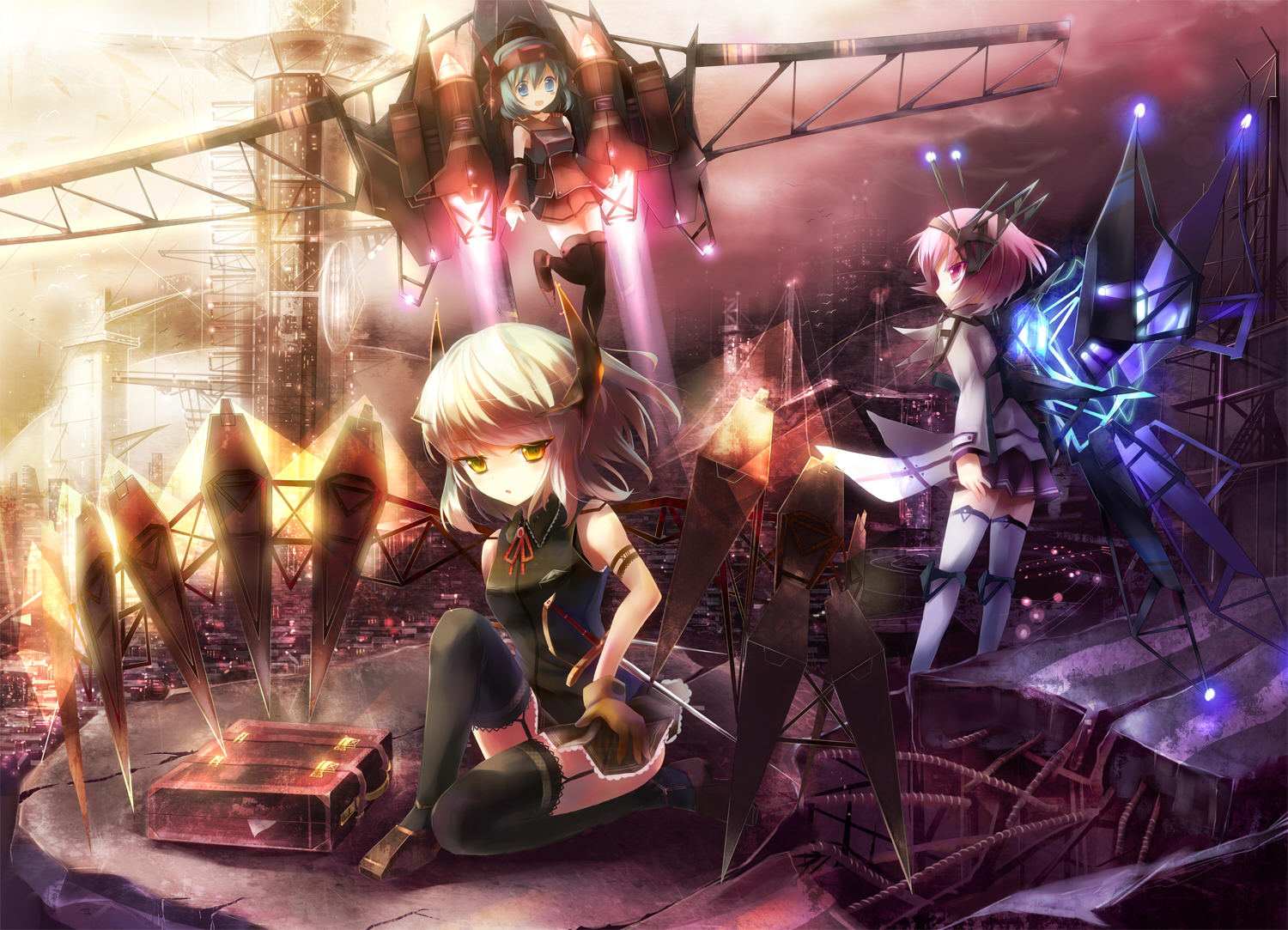 taharu kousuke, original, bad id, bad pixiv id, 3girls, aqua eyes, aqua hair, backpack, bag, blonde hair, city, dress, gloves, jetpack, multiple girls, pink eyes, pink hair, science fiction, smile, sword, thighhighs, weapon, wings, yellow eyes
