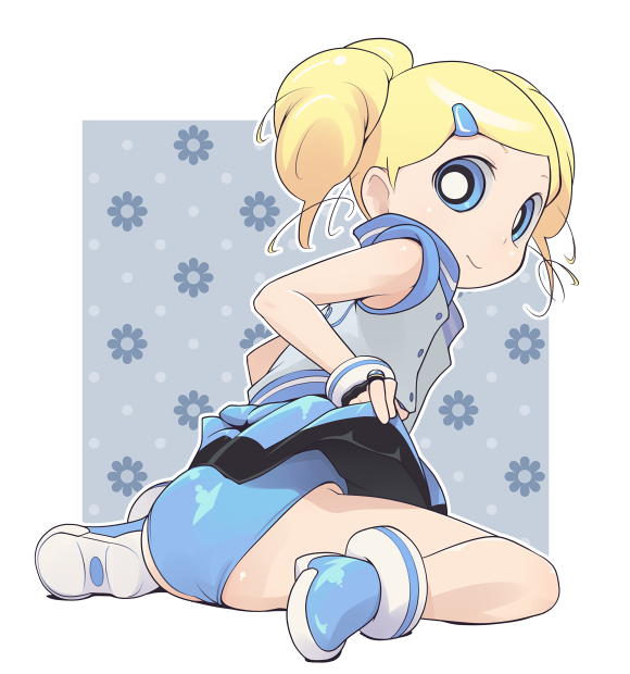 furi, goutokuji miyako, rolling bubbles, cartoon network, powerpuff girls, powerpuff girls z, 00s, 1girl, ass, black gloves, blonde hair, blue background, blue boots, blue eyes, blue jacket, blue leotard, blue skirt, blush, boots, clothes lift, drill hair, female focus, fingerless gloves, floral background, gloves, hair ornament, hairclip, jacket, leotard, letterman jacket, long hair, looking back, polka dot, polka dot background, skirt, skirt lift, sleeveless, sleeveless jacket, smile, solo, twin drills