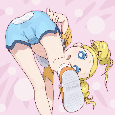 furi, goutokuji miyako, cartoon network, powerpuff girls, powerpuff girls z, lowres, 00s, 1girl, ass, ass cutout, bent over, blue eyes, blush, clothing cutout, drill hair, female focus, loli, long hair, looking back, oekaki, shorts, solo