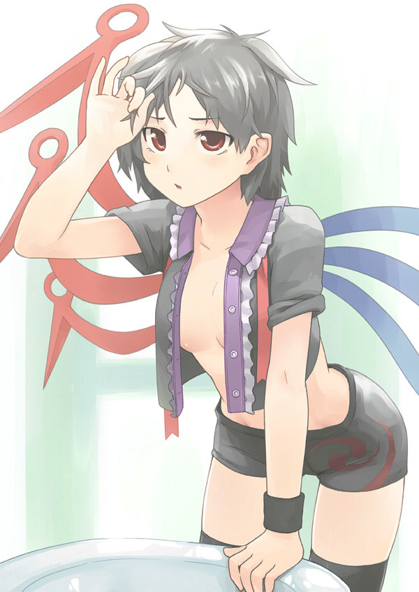 kaito (k4itoh), houjuu nue, touhou, untied, bad id, bad pixiv id, 1girl, adjusting hair, asymmetrical wings, black hair, black thighhighs, breasts, female focus, gradient background, messy hair, no bra, open clothes, open shirt, red eyes, shirt, short hair, short shorts, shorts, small breasts, solo, thighhighs, wings, zettai ryouiki