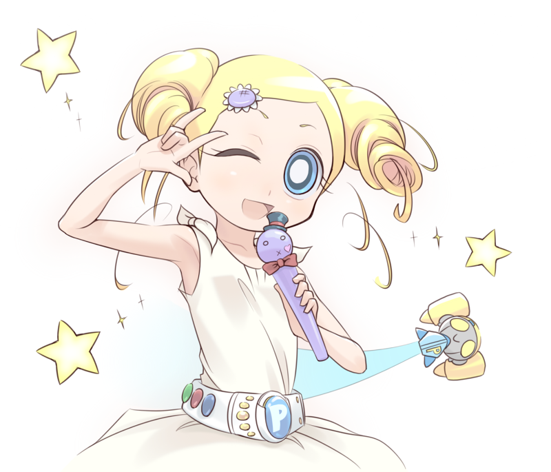furi, goutokuji miyako, cartoon network, powerpuff girls, powerpuff girls z, 1girl, belt, blonde hair, blue eyes, blush, child, dress, drill hair, female focus, happy, m/, microphone, one eye closed, parody, seikan hikou, solo, star (symbol), wink