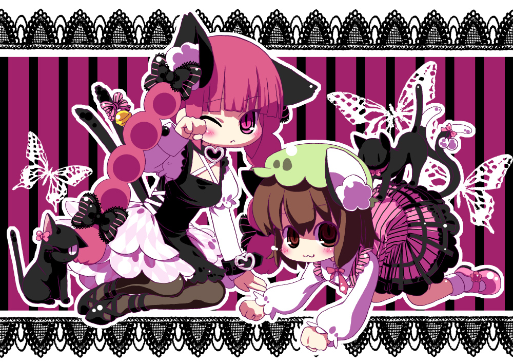 kasane, chen, kaenbyou rin, touhou, 2girls, :<, :3, all fours, animal ears, bell, braid, brown eyes, brown hair, cat, cat ears, cat tail, dress, female focus, hair ribbon, hat, mary janes, multiple girls, multiple tails, one eye closed, pantyhose, paw pose, red eyes, red hair, ribbon, shoes, tail, tail ornament, tail ribbon, twin braids, twintails, wink