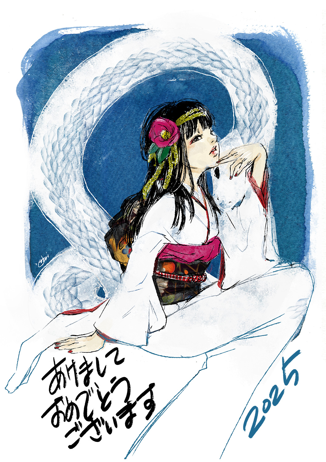 cotori (globule), yuriko (gnosia), gnosia, commentary request, highres, 1girl, 2025, alternate costume, black eyes, black hair, blunt bangs, eyelashes, hair between eyes, hime cut, japanese clothes, kimono, long hair, long sleeves, looking at viewer, simple background, solo, straight hair, upper body