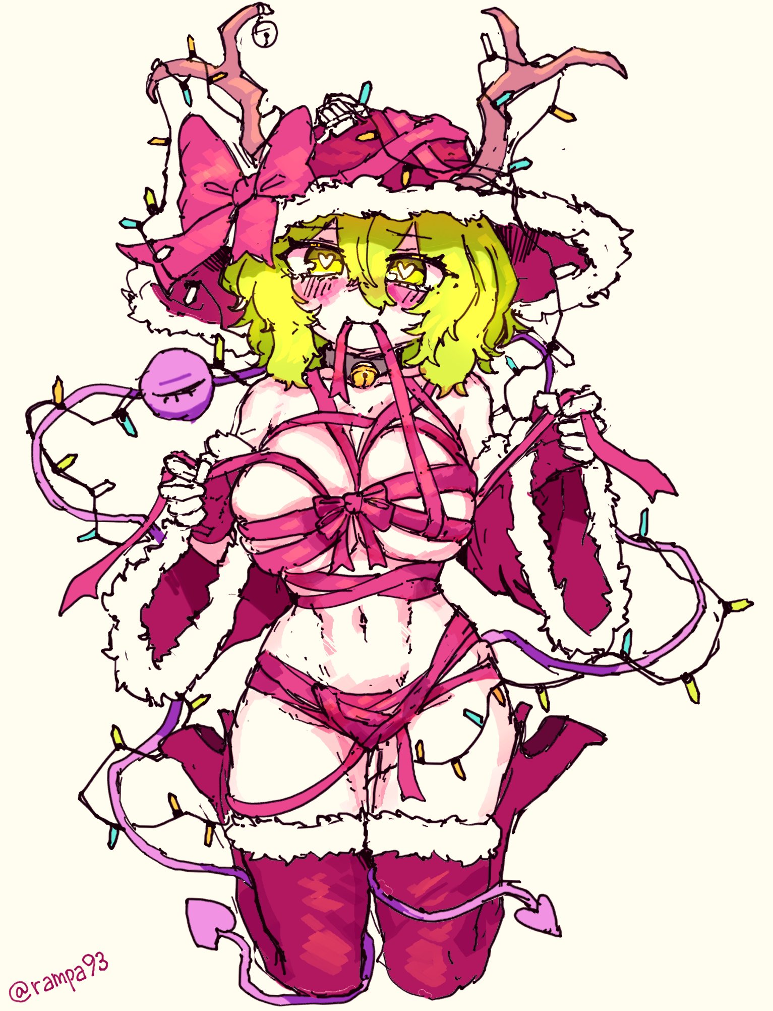 rampa93, komeiji koishi, touhou, commentary request, highres, korean commentary, 1girl, blush, boots, breasts, christmas, full body, fur trim, green hair, hair between eyes, hat, heart, heart-shaped pupils, large breasts, looking at viewer, naked ribbon, navel, red hat, red thighhighs, ribbon, short hair, solo, stomach, symbol-shaped pupils, thigh boots, thighhighs, third eye, twitter username