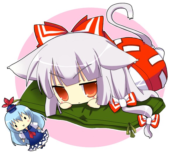 natsumikan, fujiwara no mokou, kamishirasawa keine, touhou, silver hair, 1girl, :<, animal ears, blue hair, bow, cat ears, cat girl, cat tail, character doll, chibi, doll, female focus, hair bow, hair ribbon, hat, jitome, long hair, multiple hair bows, red eyes, ribbon, solo, tail, x mouth