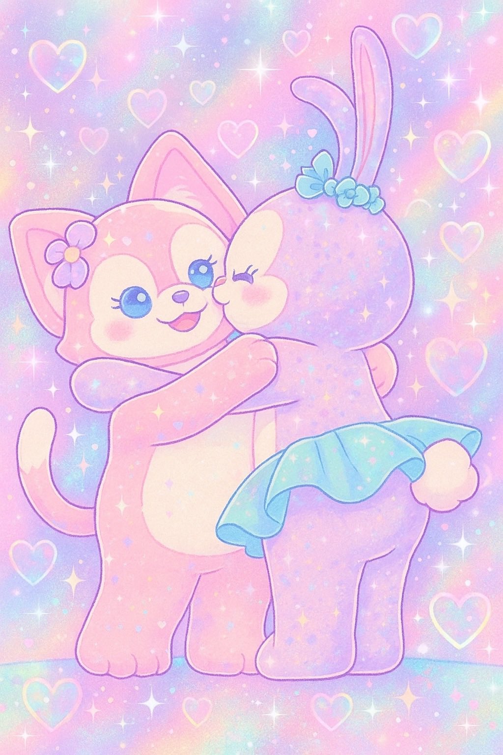 stellalou, commentary request, highres, tagme, 2girls, animal ears, duffy and friends, flower, fox girl, full body, hair flower, hair ornament, linabell, looking at viewer, mrk299717079598, multiple girls, rabbit ears, rabbit girl, skirt, smile, standing