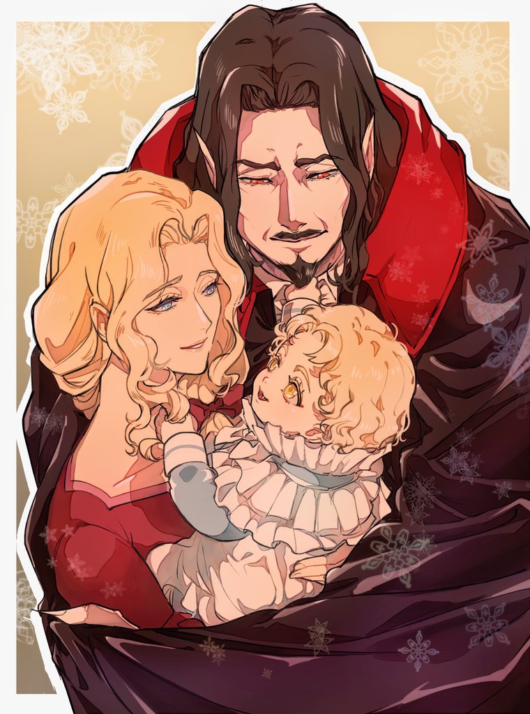 alucard (castlevania), dracula (castlevania), lisa tepes, castlevania (netflix), castlevania (series), commentary request, 1girl, 2boys, baby, black cloak, black hair, blonde hair, blue eyes, border, cloak, closed mouth, couple, dress, facial hair, family, fingernails, goatee, hand in another's hair, hetero, mature male, multiple boys, ocomor3, open mouth, parted lips, pointy ears, red dress, red eyes, sharp fingernails, smile, upper body, wavy hair, white border, yellow eyes