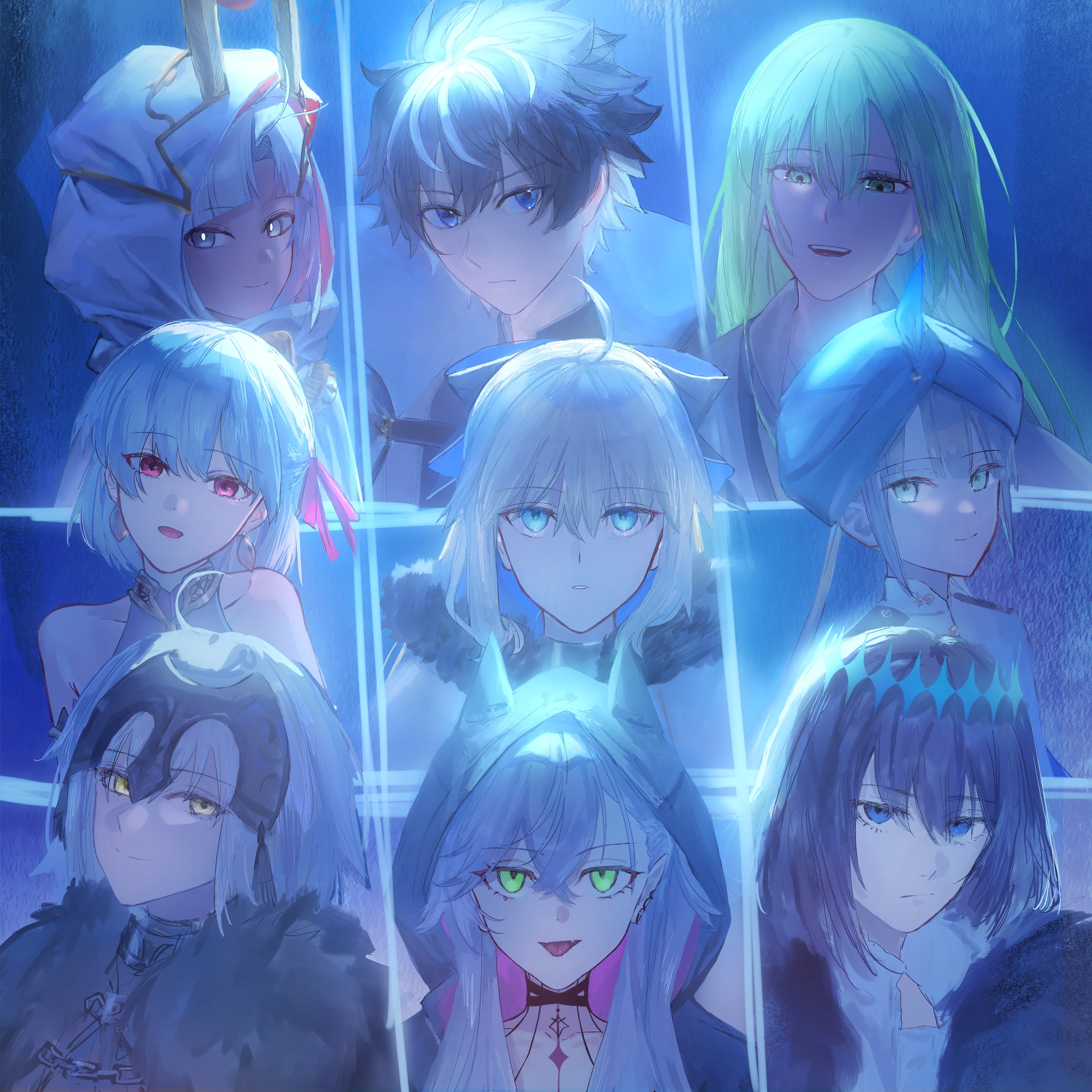 sitonomea, aesc (fate), aesc (savior) (fate), charlemagne (fate), enkidu (fate), jeanne d'arc alter (fate), kama (fate), lilith (fate), nemo (fate), oberon (fate), oberon (third ascension) (fate), fate/grand order, fate (series), absurdres, commentary request, highres, 3boys, 5girls, black bow, black hair, blonde hair, blue eyes, bow, earrings, fur trim, green eyes, green hair, hair between eyes, hair bow, jewelry, long hair, looking at viewer, multiple boys, multiple girls, ponytail, red eyes, short hair, smile, white hair, yellow eyes