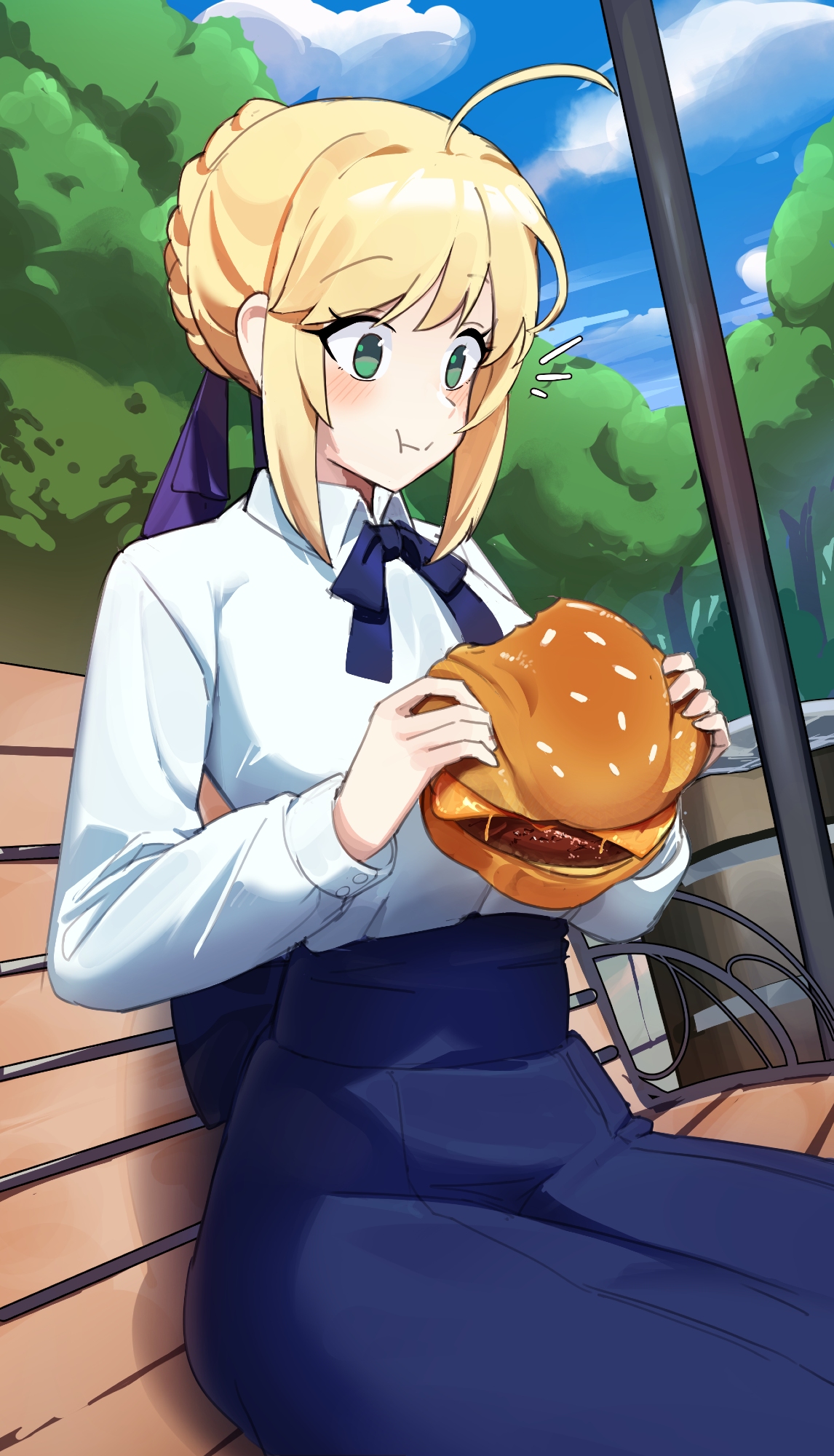 bamboowacker, artoria pendragon (fate), saber (fate), fate/stay night, fate (series), commentary, english commentary, highres, 1girl, bench, blonde hair, blush, breasts, burger, closed mouth, eating, food, from side, green eyes, high-waist skirt, holding, holding burger, holding food, looking down, medium breasts, park, park bench, shirt, short hair, skirt, solo, white shirt