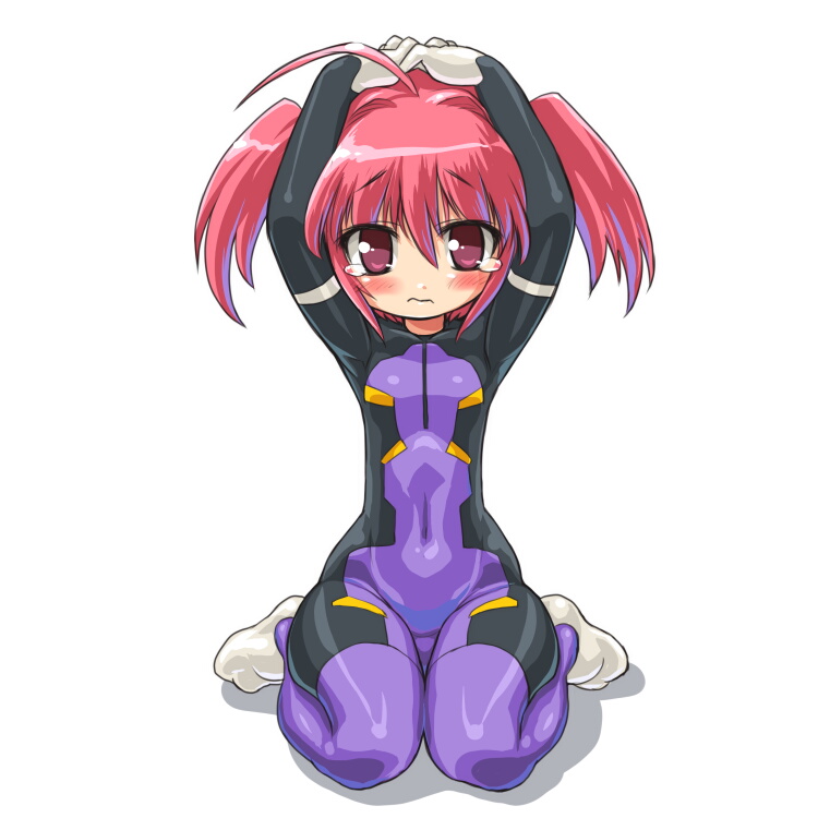 dd (ijigendd), eukrante, busou shinki, bad id, bad pixiv id, 10s, 1girl, ahoge, blush, bodysuit, female focus, flat chest, hands on own head, kneeling, navel, pink eyes, pink hair, purple bodysuit, red eyes, red hair, seiza, simple background, sitting, solo, tears, twintails, wariza