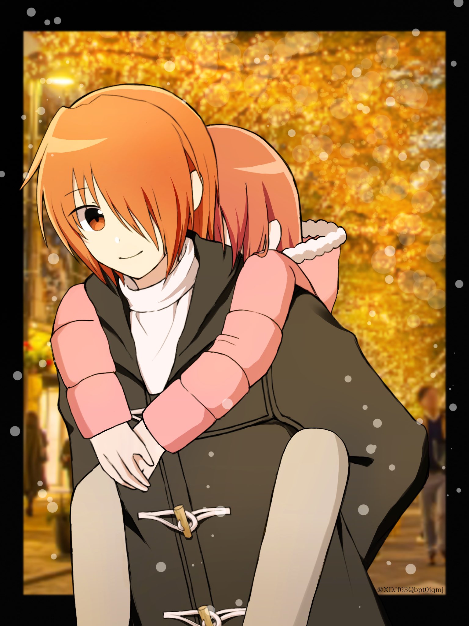 xdjf63qbpt0iqmj, otonashi hatsune, otonashi yuzuru, angel beats!, hashtag-only commentary, highres, 1boy, 1girl, arms around neck, black border, black coat, border, brother and sister, carrying, closed mouth, coat, hair over one eye, long sleeves, looking at viewer, one eye covered, orange eyes, orange hair, outdoors, outside border, photo background, piggyback, short hair, siblings, smile, snowing, twitter username, upper body, winter, winter clothes