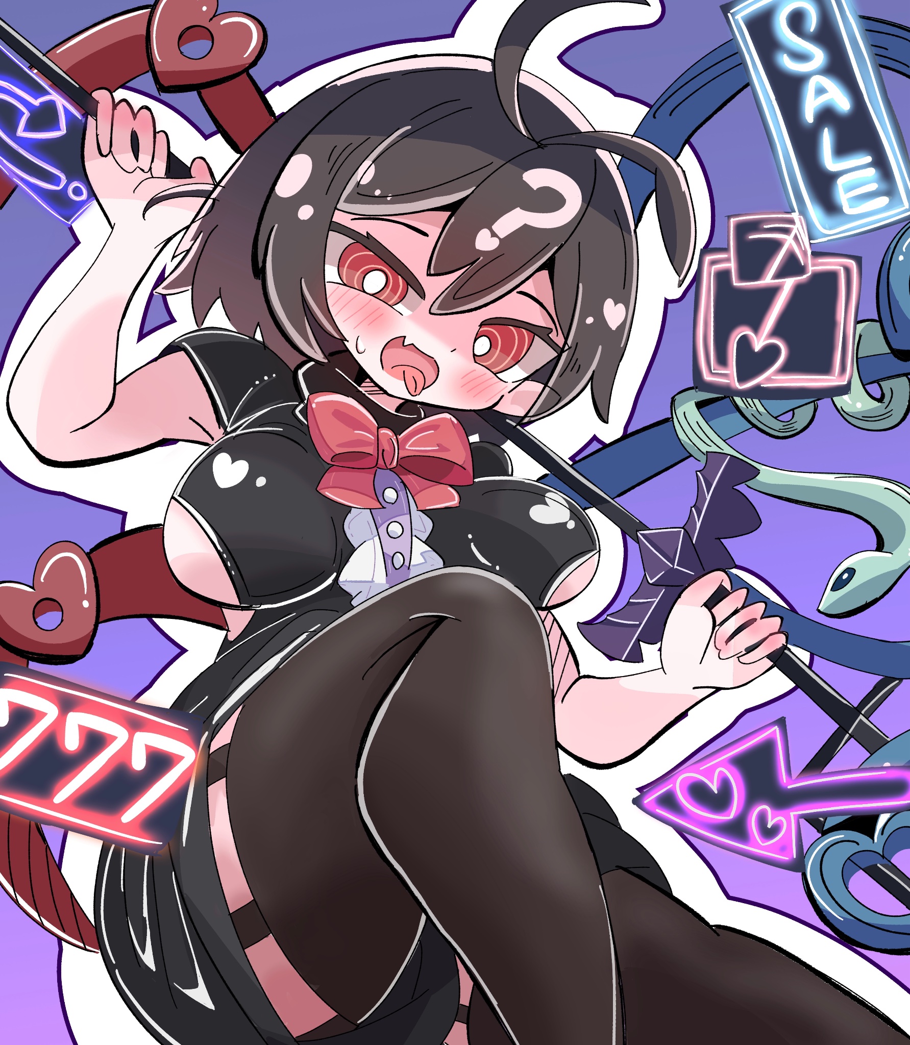 houjuu nue, touhou, commentary request, highres, 1girl, ?, antenna hair, asymmetrical wings, black hair, black thighhighs, blue wings, blush, bow, bowtie, breasts, bright pupils, center frills, fang, frills, kurakurasiteru, large breasts, looking at viewer, open mouth, purple background, red bow, red bowtie, red eyes, red wings, ringed eyes, skin fang, snake, solo, sweatdrop, thighhighs, tongue, tongue out, white pupils, wings