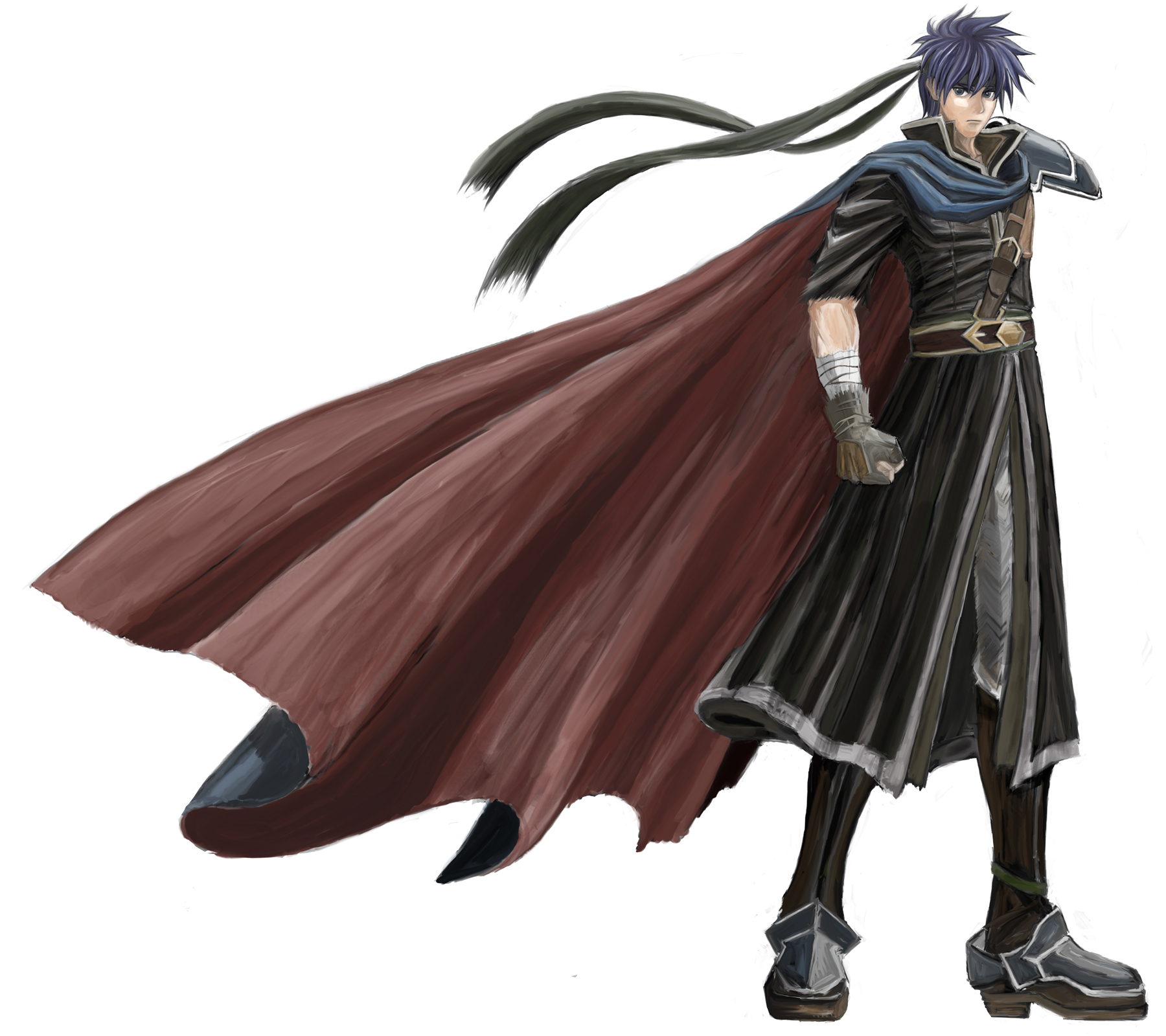 jack (kairuhaido), jack (pixiv), ike (fire emblem), fire emblem, fire emblem: path of radiance, fire emblem: radiant dawn, nintendo, highres, 1boy, bandages, bandana, blue eyes, blue hair, cape, gloves, male focus, matching hair/eyes, simple background, solo, white background