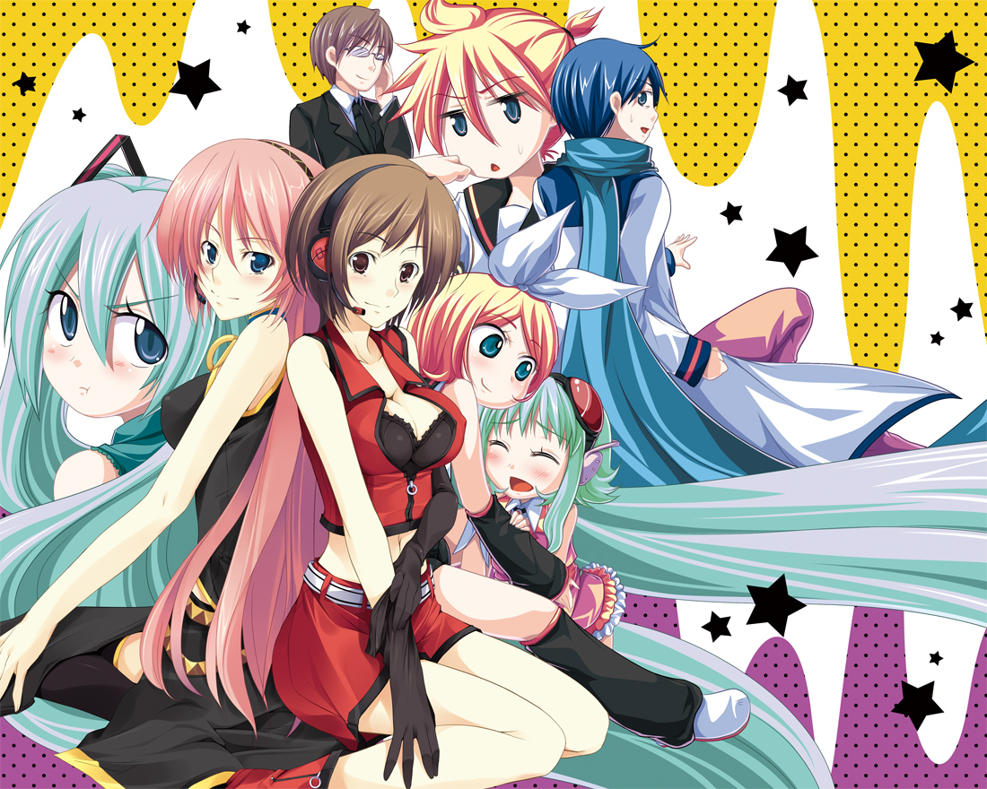 yuume shida, gumi, hatsune miku, hiyama kiyoteru, kagamine len, kagamine rin, kaito (vocaloid), megurine luka, meiko (vocaloid), vocaloid, 3boys, 5girls, aqua eyes, aqua hair, black hair, blonde hair, blue eyes, blue hair, blue scarf, breasts, brown eyes, brown hair, cleavage, covered erect nipples, elbow gloves, formal clothes, glasses, gloves, green hair, hair ribbon, headphones, headset, long hair, medium breasts, midriff, multiple boys, multiple girls, necktie, pout, ribbon, scarf, short hair, skirt, smile, suit, twintails