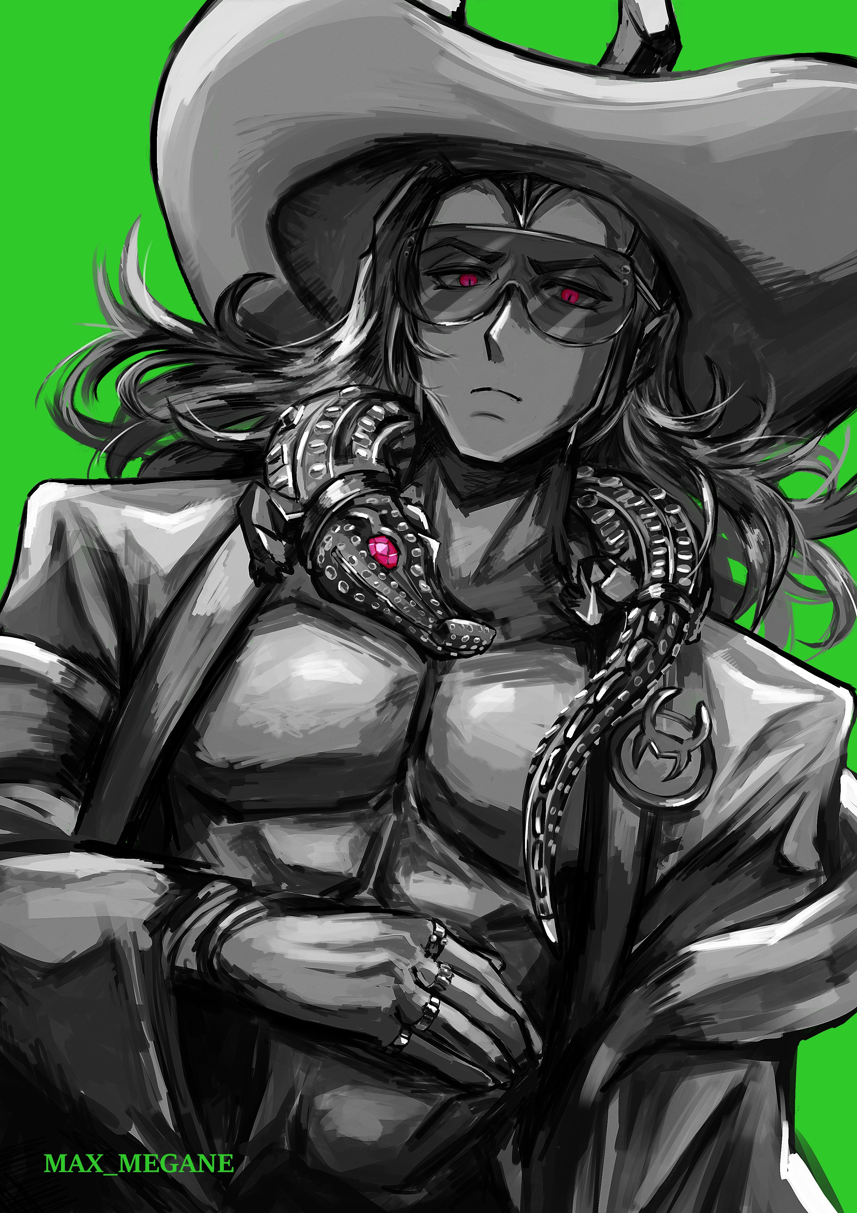 megane (0max megane0), loki (marvel), loki (robe of relaxation) (marvel), marvel, marvel rivals, thor (marvel) (series), absurdres, commentary, hashtag-only commentary, highres, symbol-only commentary, 1boy, abs, artist name, gem, green background, horned hat, jewelry, long hair, looking at viewer, male focus, multiple rings, muscular, muscular male, official alternate costume, pink eyes, pink gem, ring, robe, solo, spot color, sunglasses