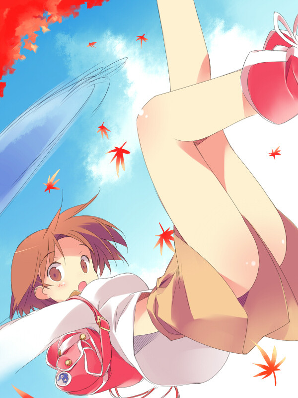 asoka, umihara kawase (character), umihara kawase, 1girl, ass, backpack, bag, brown eyes, brown hair, cloud, falling, female focus, leaf, open mouth, short hair, shorts, skirt, sky, solo