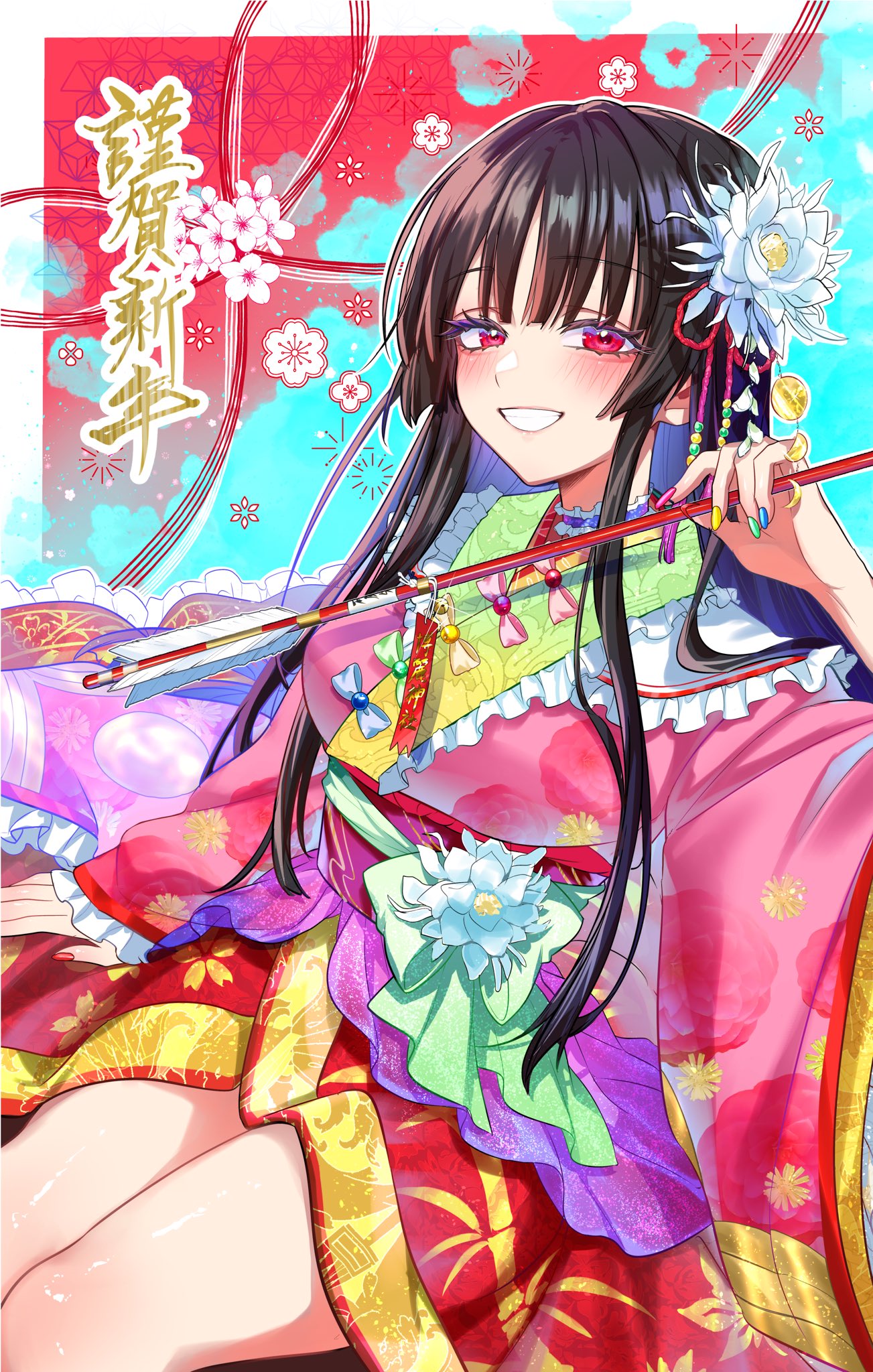 tsubakiharuki, houraisan kaguya, touhou, commentary, highres, 1girl, adapted costume, black hair, blush, floral print, flower hairpin, frills, grin, hand up, happy new year, hime cut, looking at viewer, multicolored nails, nail polish, new year, parted lips, pink eyes, pink shirt, red skirt, shirt, sitting, skirt, smile, solo, teeth, thighs