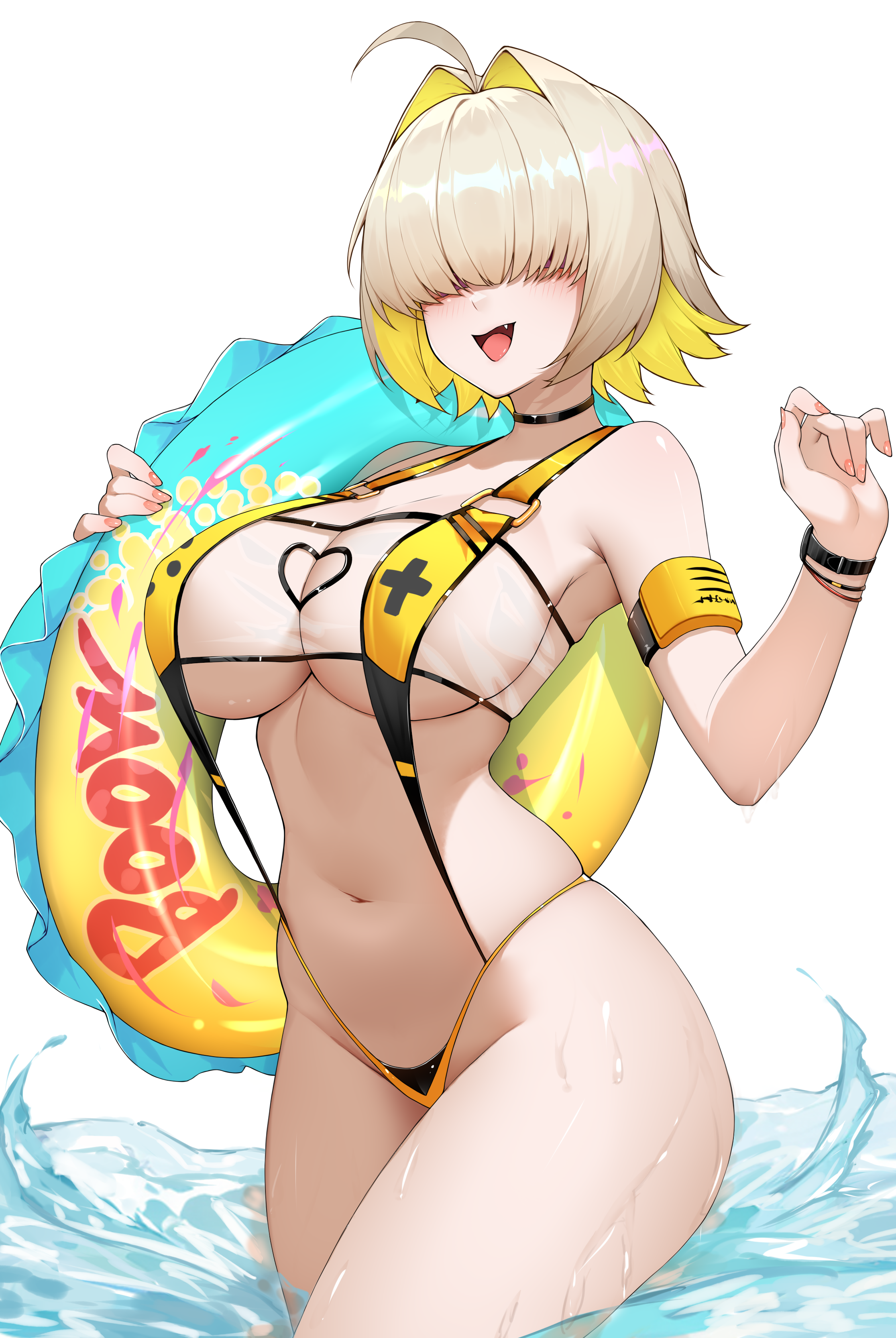 aemilo, elegg (boom and shock) (nikke), elegg (nikke), goddess of victory: nikke, absurdres, commentary, highres, 1girl, :d, ahoge, arm strap, armpit crease, bare shoulders, black choker, black slingshot swimsuit, blonde hair, bracelet, breasts, choker, cleavage cutout, clothing cutout, colored inner hair, covered eyes, cowboy shot, dated commentary, fang, fingernails, game controller print, groin, hair intakes, hair over eyes, hands up, heart cutout, holding, holding swim ring, innertube, jewelry, large breasts, multicolored hair, navel, o-ring, o-ring swimsuit, official alternate costume, open mouth, print slingshot swimsuit, see-through slingshot swimsuit, short hair, simple background, slingshot swimsuit, smile, solo, standing, stomach, swim ring, swimsuit, two-tone slingshot swimsuit, underboob, watch, water, wet, white background, wristwatch, yellow slingshot swimsuit