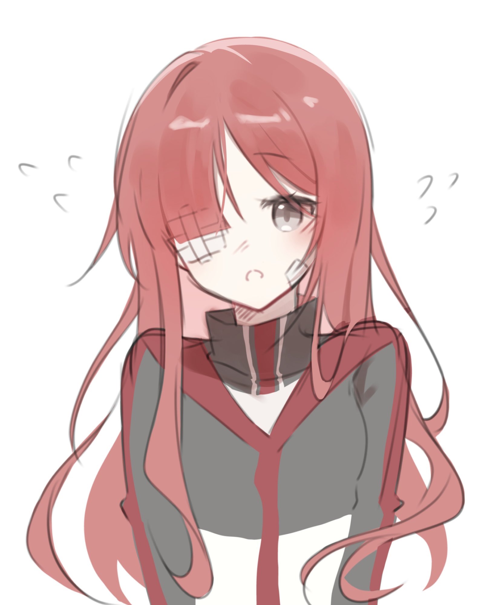yuri (project moon), limbus company, project moon, commentary request, highres, korean commentary, 1girl, black hoodie, grey eyes, hair over one eye, hiheoy, hood, hoodie, long hair, looking at viewer, one eye covered, red hair, simple background, solo, white background