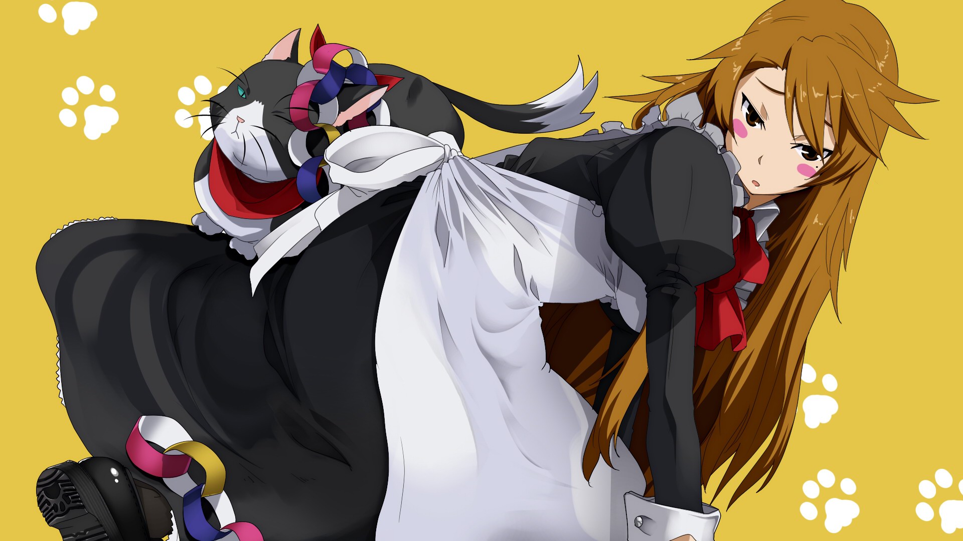 tosarayama, nyamsas, sumiyoshi kanako, nyan koi!, highres, official art, 00s, animal ears, apron, blush stickers, brown eyes, brown hair, cat, cat ears, dress, long hair, maid, maid apron, mole