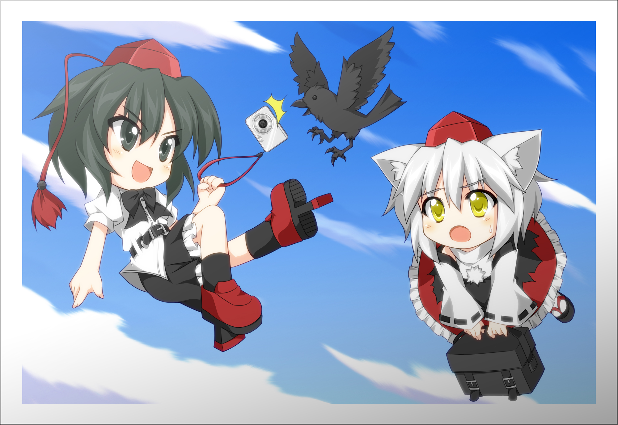 nenaro, inubashiri momiji, shameimaru aya, touhou, silver hair, highres, 2girls, animal ears, bird, black hair, camera, chibi, crow, detached sleeves, female focus, geta, hat, multiple girls, short hair, tengu-geta, tokin hat, wolf ears