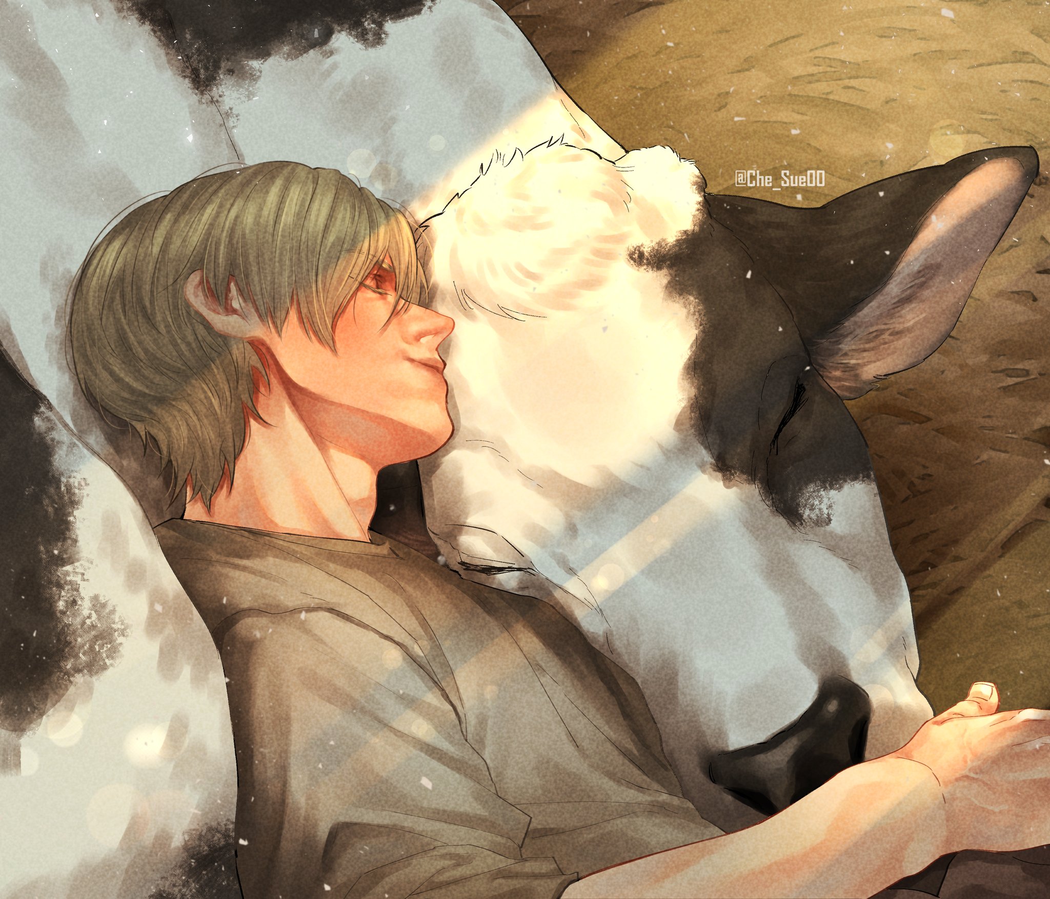 leon s. kennedy, resident evil, commentary, highres, symbol-only commentary, 1boy, blonde hair, che sue00, closed eyes, cow, cuddling, grey shirt, hair between eyes, hay, leaning on person, light smile, male focus, shirt, short hair, sleeping, sleeves rolled up, sunlight, twitter username, upper body