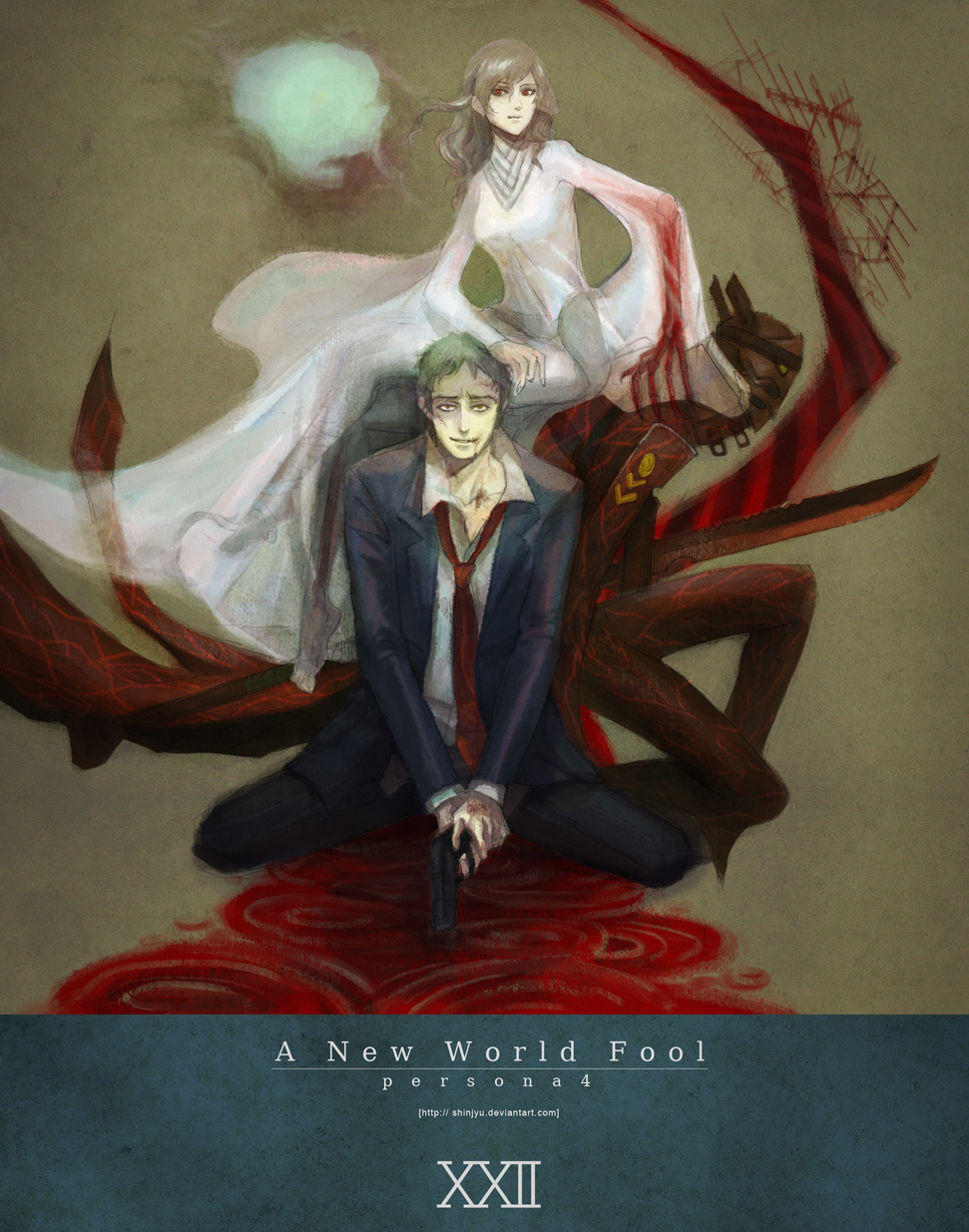 moogie (shinjyu), shinjyu, adachi tooru, izanami (persona), magatsu izanagi, atlus, persona, persona 3, persona 4, highres, spoilers, 1girl, 2boys, black hair, blood, brown eyes, brown hair, couple, dress, dual persona, formal clothes, grey hair, gun, hetero, long hair, looking at viewer, multiple boys, necktie, pants, red eyes, red theme, smile, suit, weapon