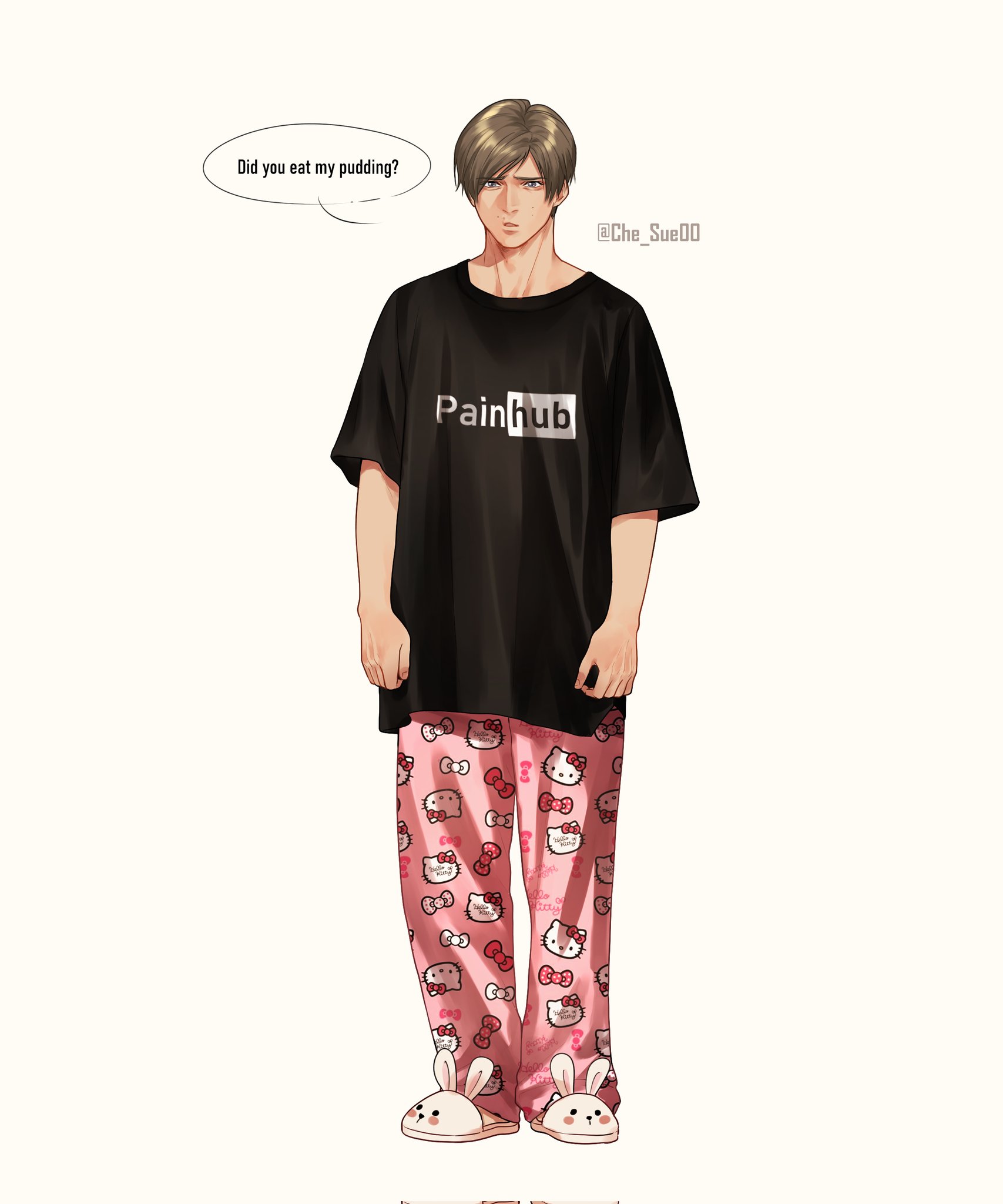 hello kitty (character), leon s. kennedy, resident evil, sanrio, commentary, english commentary, highres, 1boy, animal slippers, black shirt, brown hair, character print, che sue00, full body, furrowed brow, pajamas, pants, parted bangs, parted lips, pink pants, print pajamas, print pants, print shirt, rabbit slippers, shirt, short hair, slippers, solo, standing, t-shirt, white slippers