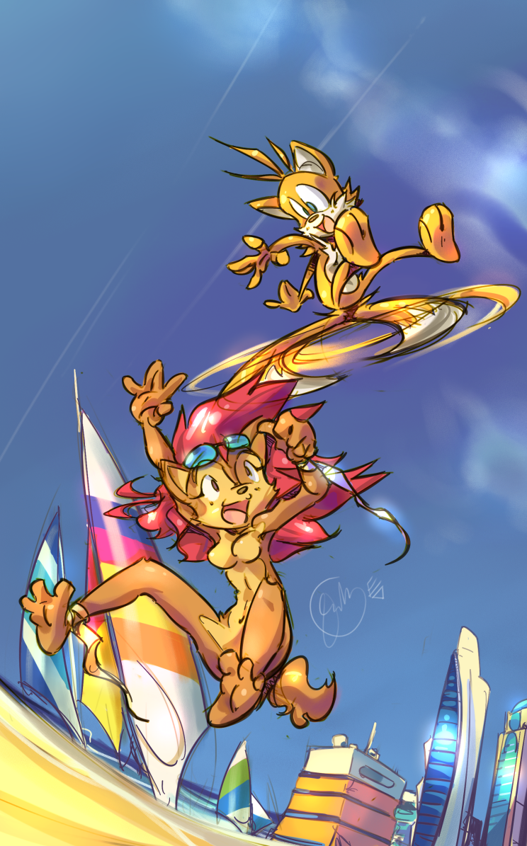 edtropolis, sally acorn, tails (sonic), sonic (series), animal ears, animal hands, barefoot, beach, breasts, feet, furry, nude, ocean, outdoors, soles, spread legs, spread toes, sunglasses, tail, toes