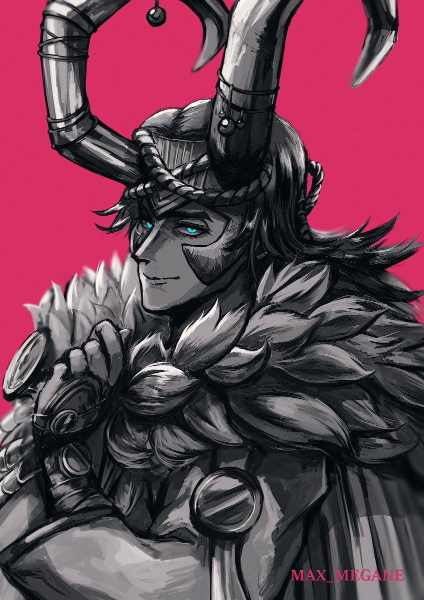 megane (0max megane0), loki (marvel), marvel, marvel rivals, thor (marvel) (series), commentary, 1boy, artist name, blue eyes, blurry, cape, depth of field, fake horns, fur-trimmed cape, fur trim, horned headwear, horns, japanese clothes, loki (shin sagi-shi) (marvel), long hair, looking at viewer, looking to the side, male focus, medallion, official alternate costume, pink background, romaji commentary, smile, solo, spot color, upper body