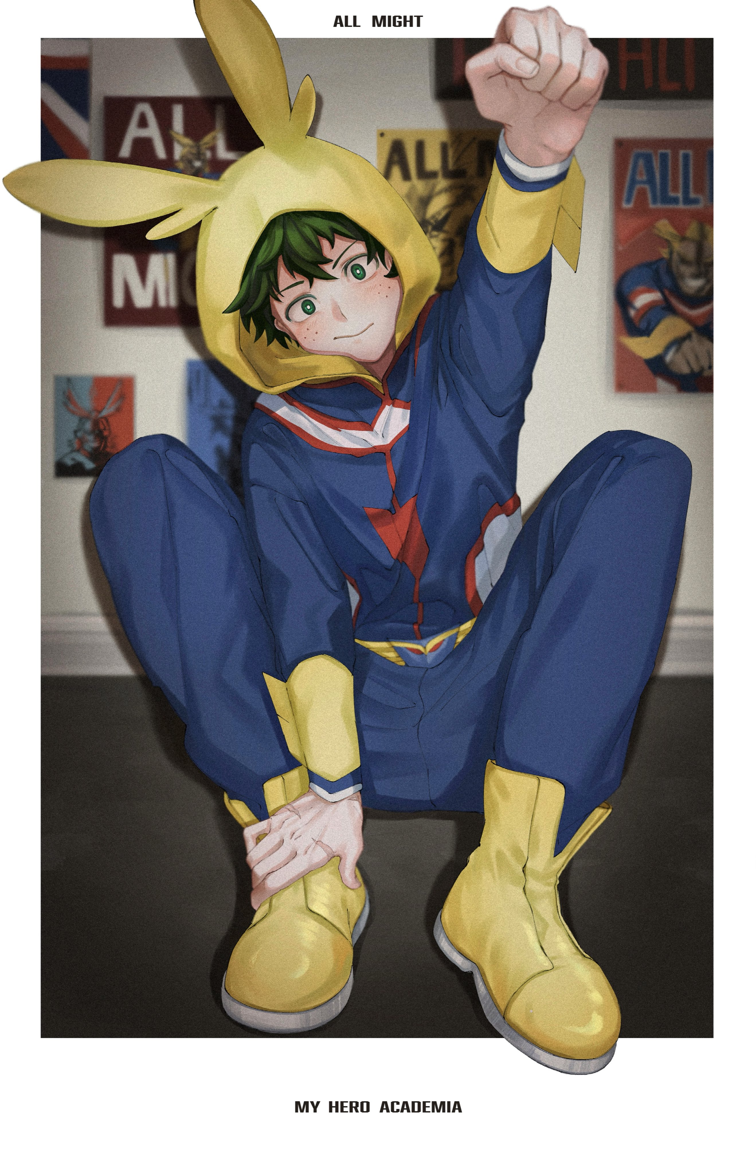 all might, midoriya izuku, boku no hero academia, absurdres, commentary request, highres, 0n n n n n0, 1boy, all might (cosplay), arm up, border, clenched hand, closed mouth, copyright name, cosplay, freckles, full body, green eyes, green hair, hood, hood up, hoodie, knees up, long sleeves, looking at viewer, male focus, short hair, sitting, solo, white border, yellow hoodie