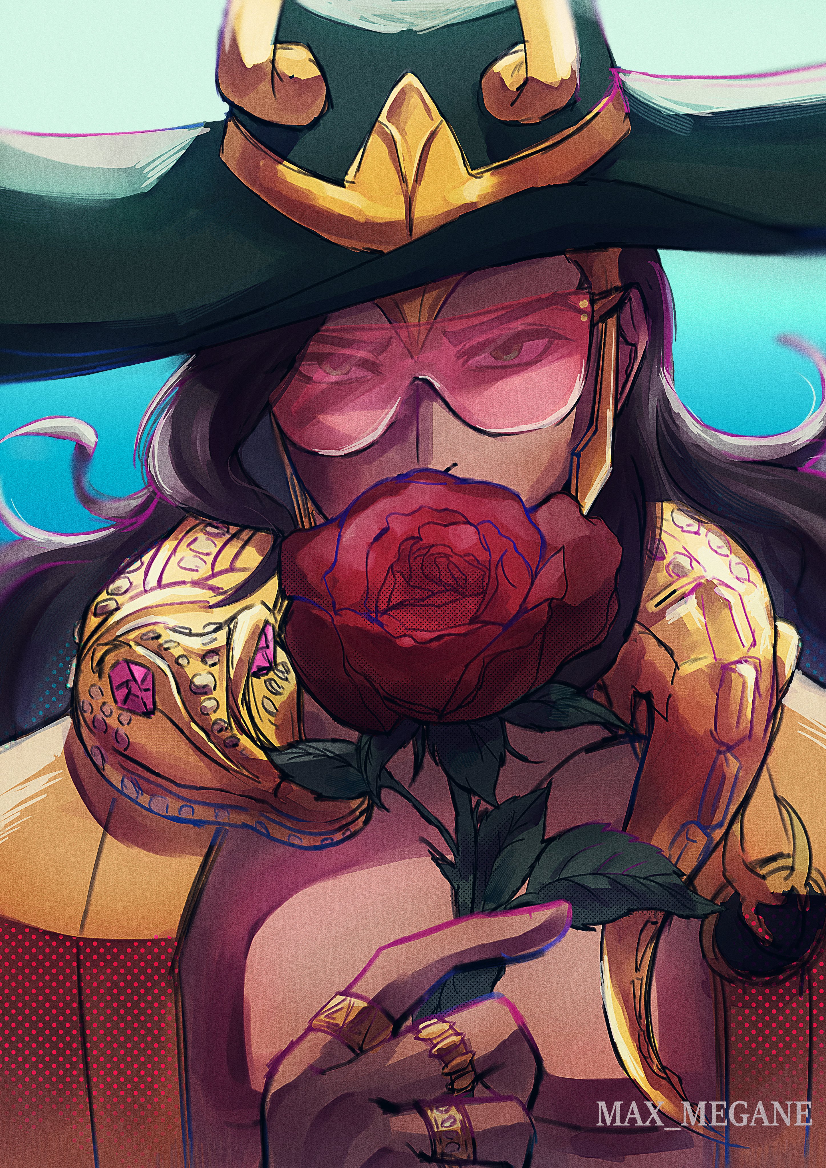 megane (0max megane0), loki (marvel), loki (robe of relaxation) (marvel), marvel, marvel rivals, thor (marvel) (series), absurdres, commentary, hashtag-only commentary, highres, symbol-only commentary, 1boy, artist name, black hair, blue background, flower, gold trim, gradient background, green eyes, green hat, green robe, hat, holding, holding flower, horned hat, jewelry, long hair, looking at viewer, male focus, multiple rings, muscular, muscular male, official alternate costume, pink-tinted eyewear, red flower, red rose, rimless eyewear, ring, robe, rose, solo, sunglasses, tinted eyewear, upper body