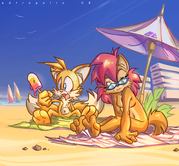 edtropolis, sally acorn, tails (sonic), sonic (series), animal ears, barefoot, beach, breasts, feet, food, furry, nude, nudist, ocean, outdoors, popsicle, smile, soles, spread toes, sunglasses, tail, toes