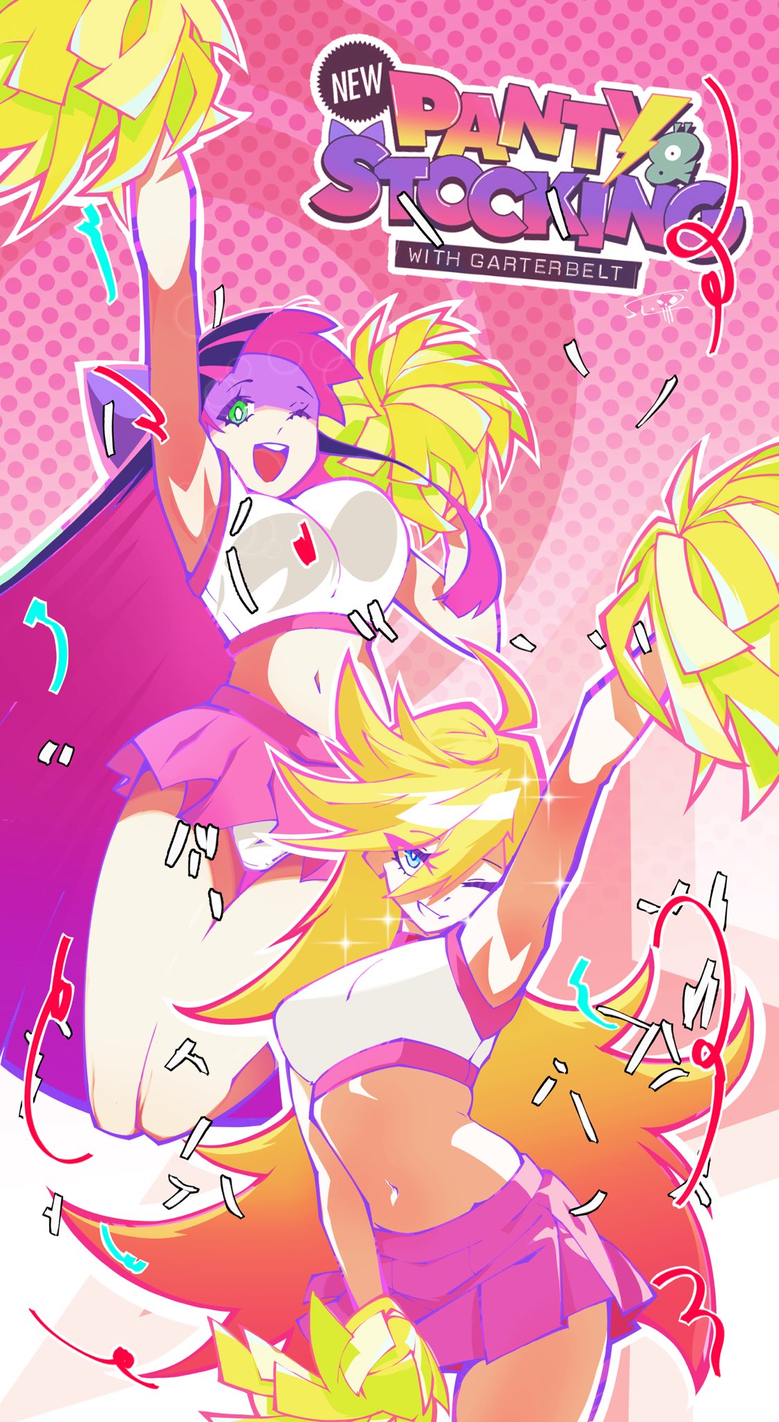 slim (sl1m skull), panty (psg), stocking (psg), panty & stocking with garterbelt, commentary, english commentary, highres, 2girls, armpit crease, armpits, blonde hair, blue eyes, blue hair, blunt bangs, bow, breasts, cheerleader, colored inner hair, crop top, dotted background, gothic lolita, hair bow, happy, happy new year, large breasts, logo, lolita fashion, long hair, looking at viewer, medium breasts, midriff, miniskirt, multicolored hair, multiple girls, navel, new year, official alternate costume, pink background, pink hair, pom pom (cheerleading), purple hair, short sleeves, siblings, simple background, sisters, skirt, smile, two-tone hair, underwear