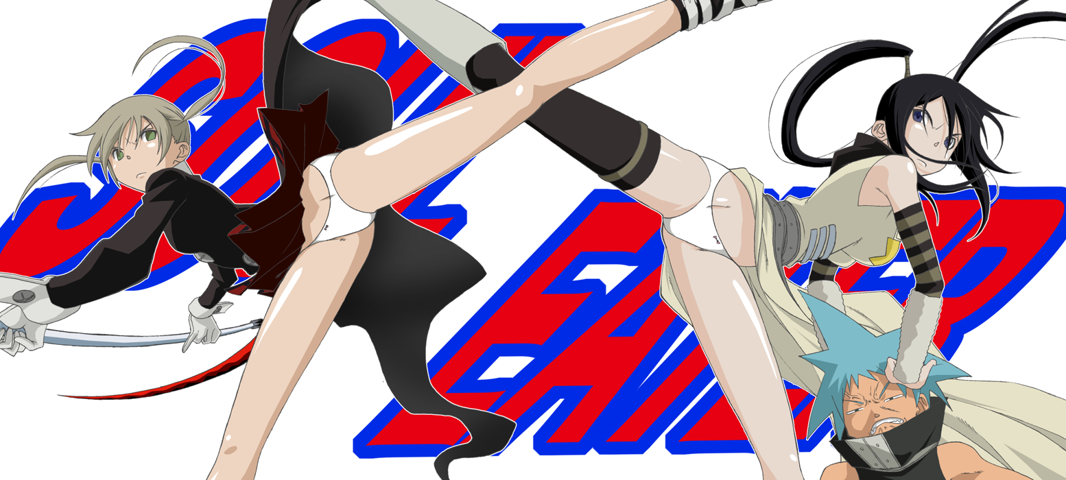 eisbahnx, black star, maka albarn, nakatsukasa tsubaki, soul evans, soul eater, black legwear, long image, wide image, 00s, 2girls, arched back, black hair, blonde hair, blue hair, bow, bow panties, dress, frown, kicking, legs, multiple girls, panties, plaid clothes, plaid skirt, ponytail, single thighhigh, skirt, spiked hair, thighhighs, twintails, underwear, v-shaped eyebrows, white panties