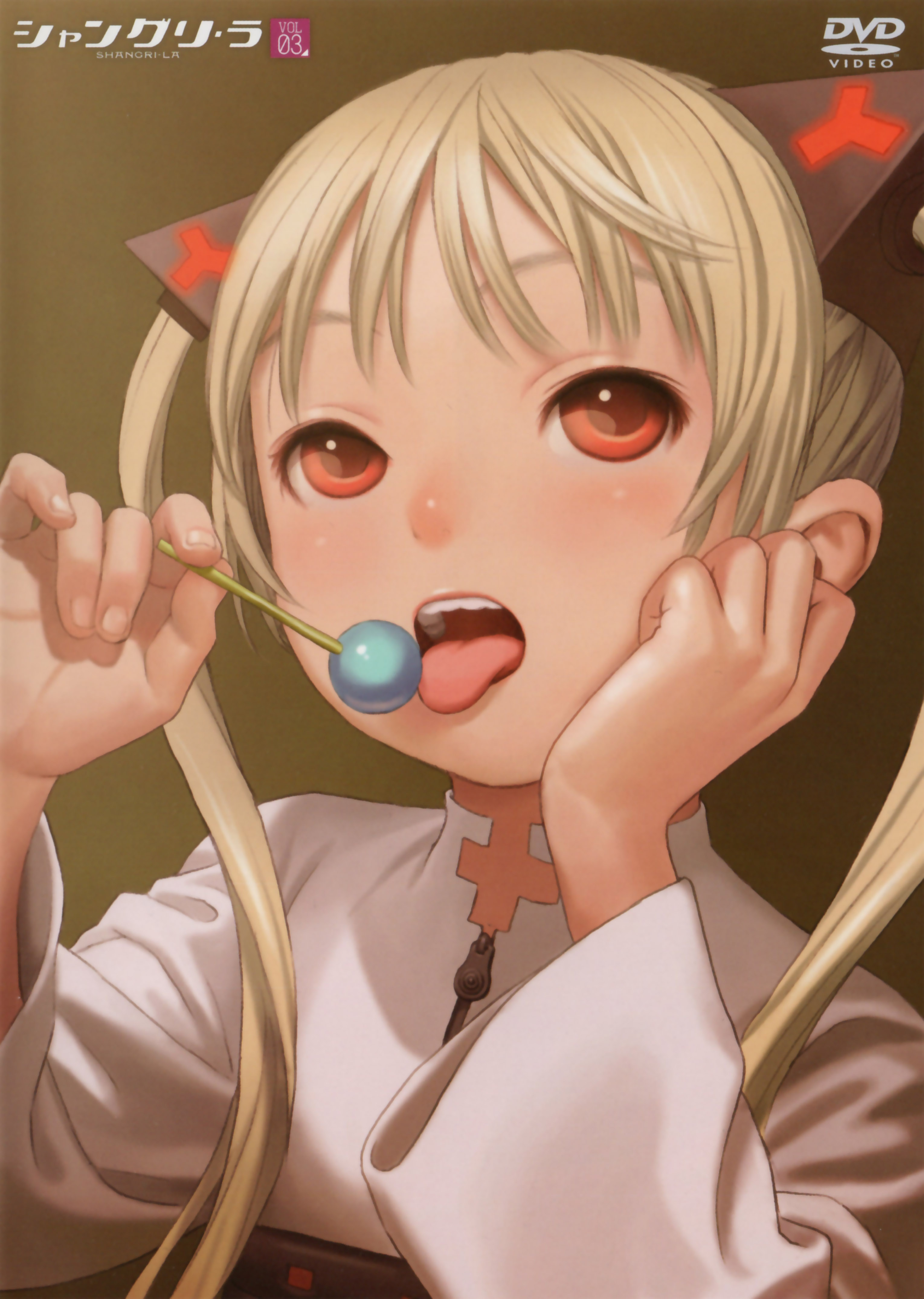 murata range, ishida karin, shangri-la, absurdres, highres, official art, scan, 00s, 1girl, blonde hair, candy, cover, dvd cover, female focus, food, hair ornament, licking, lollipop, long hair, red eyes, sexually suggestive, solo, tongue, tongue out, twintails, zipper