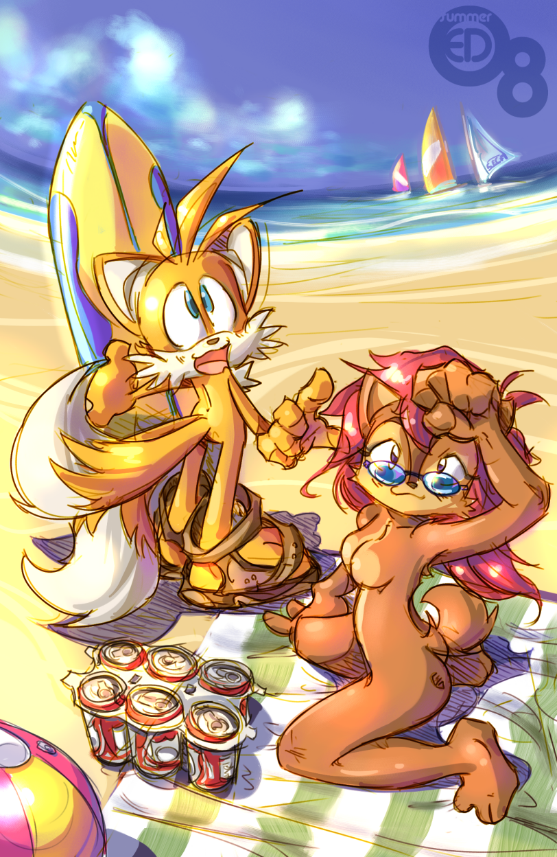 edtropolis, sally acorn, tails (sonic), sonic (series), highres, abs, alcohol, animal ears, animal hands, ass, barefoot, beach, beer, breasts, feet, furry, nude, nudist, ocean, outdoors, sandals, smile, spread toes, sunglasses, surfboard, tail, toes, water